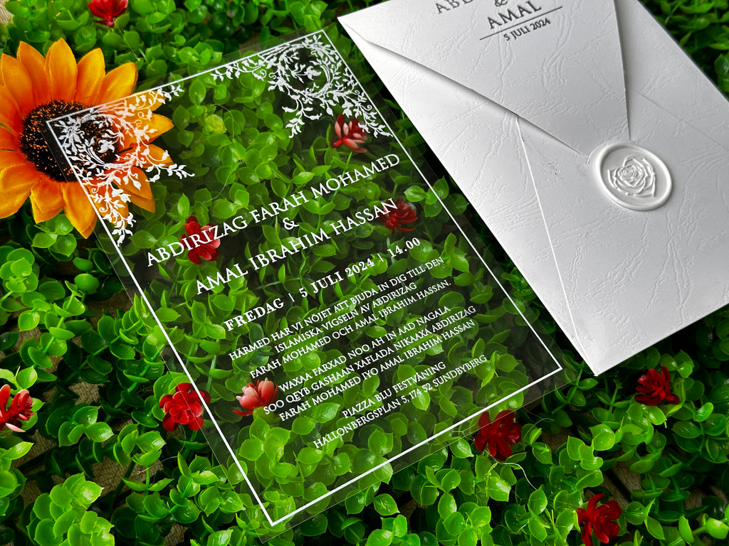 Clear Acrylic Wedding Invitation with White Print, White Envelope & Silver Details - LunaInvites