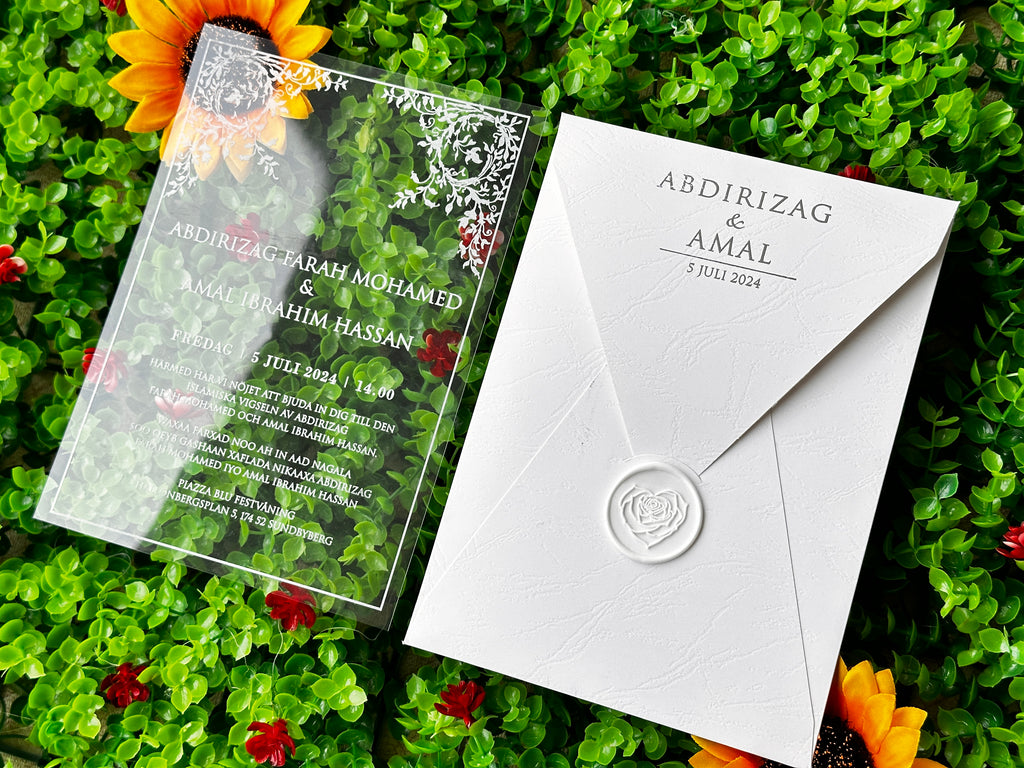 Clear Acrylic Wedding Invitation with White Print, White Envelope & Silver Details - LunaInvites