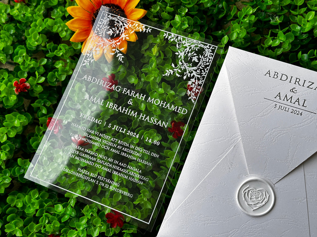Clear Acrylic Wedding Invitation with White Print, White Envelope & Silver Details - LunaInvites