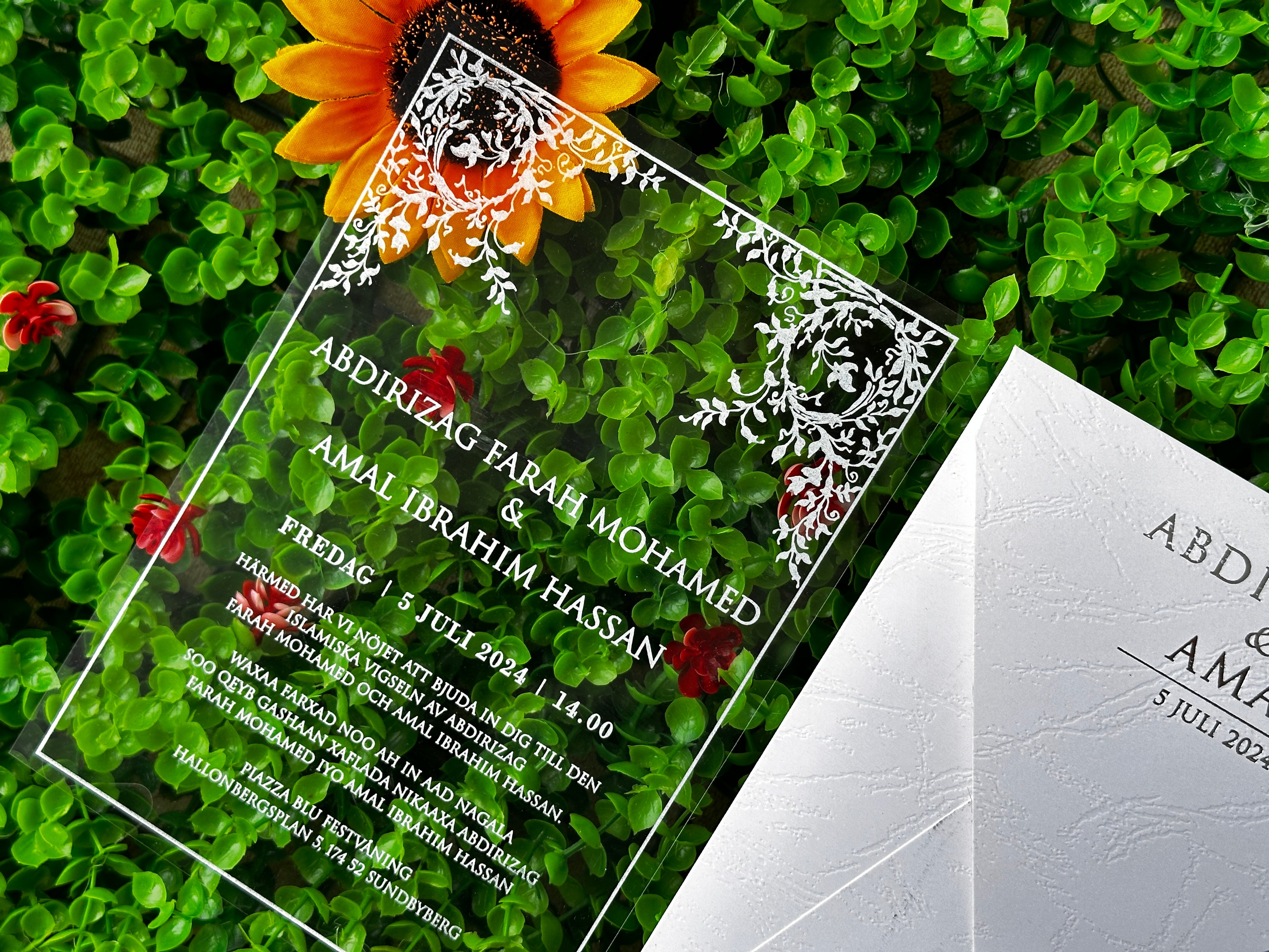 Clear Acrylic Wedding Invitation with White Print, White Envelope & Silver Details - LunaInvites