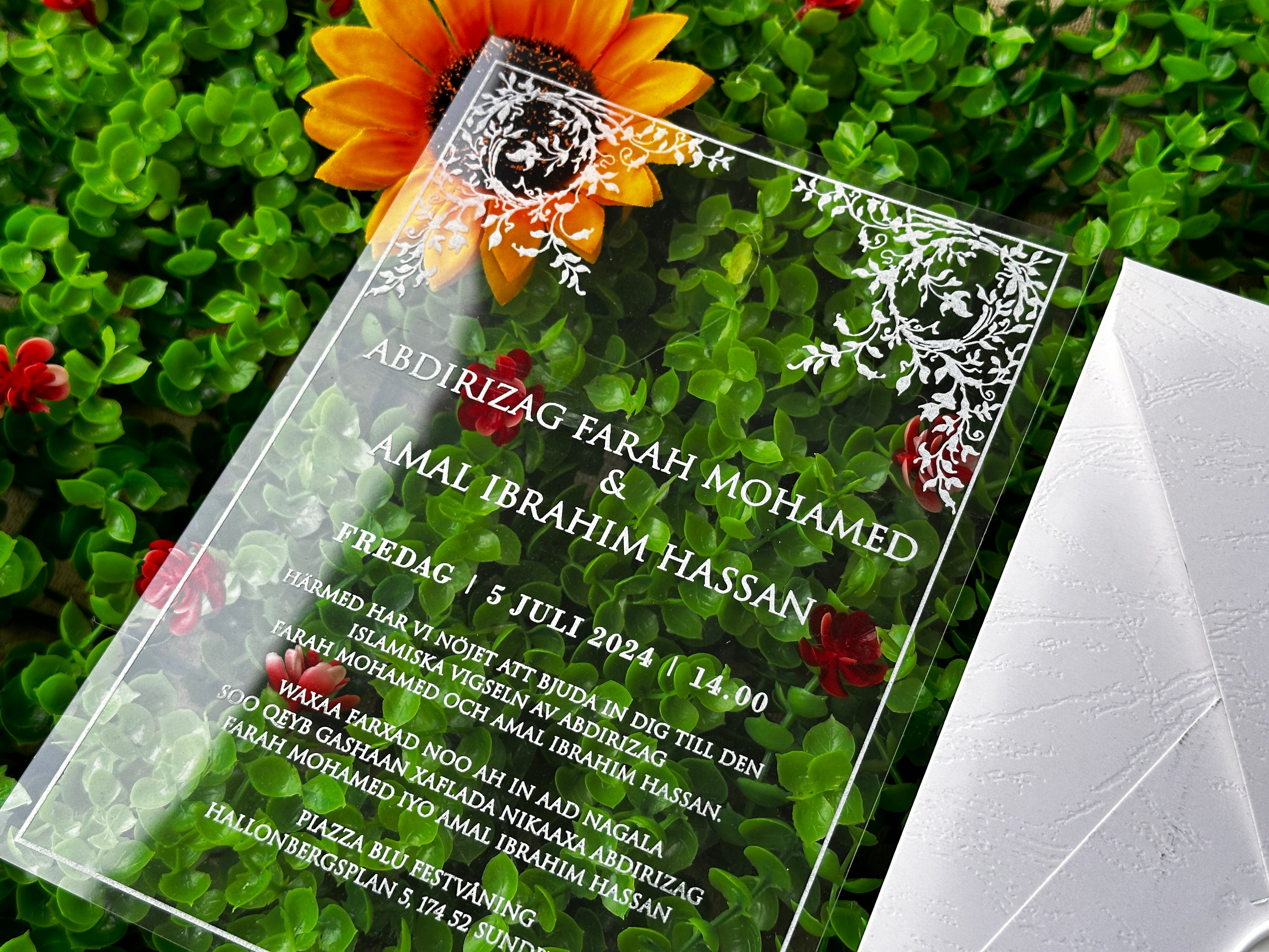 Clear Acrylic Wedding Invitation with White Print, White Envelope & Silver Details - LunaInvites