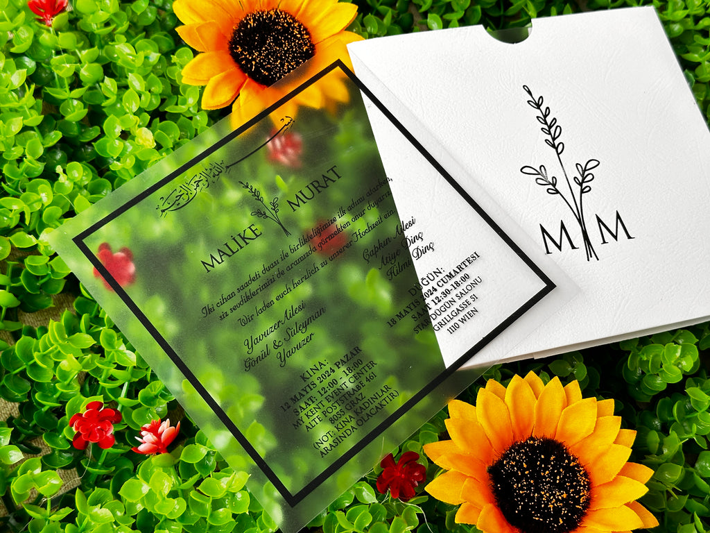 Frosted Acrylic Wedding Invitation with Black Print & White Envelope - LunaInvites