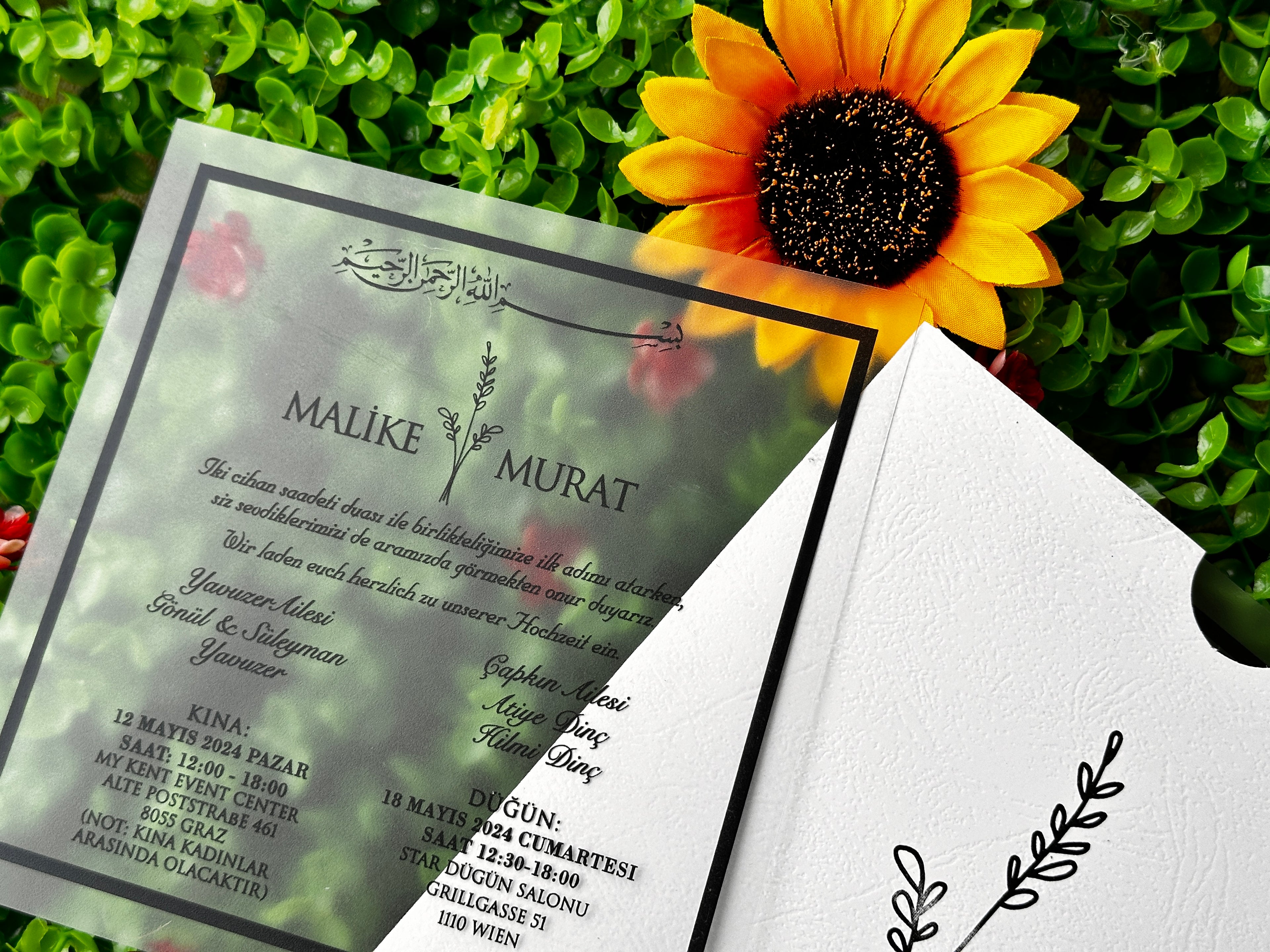 Frosted Acrylic Wedding Invitation with Black Print & White Envelope - LunaInvites