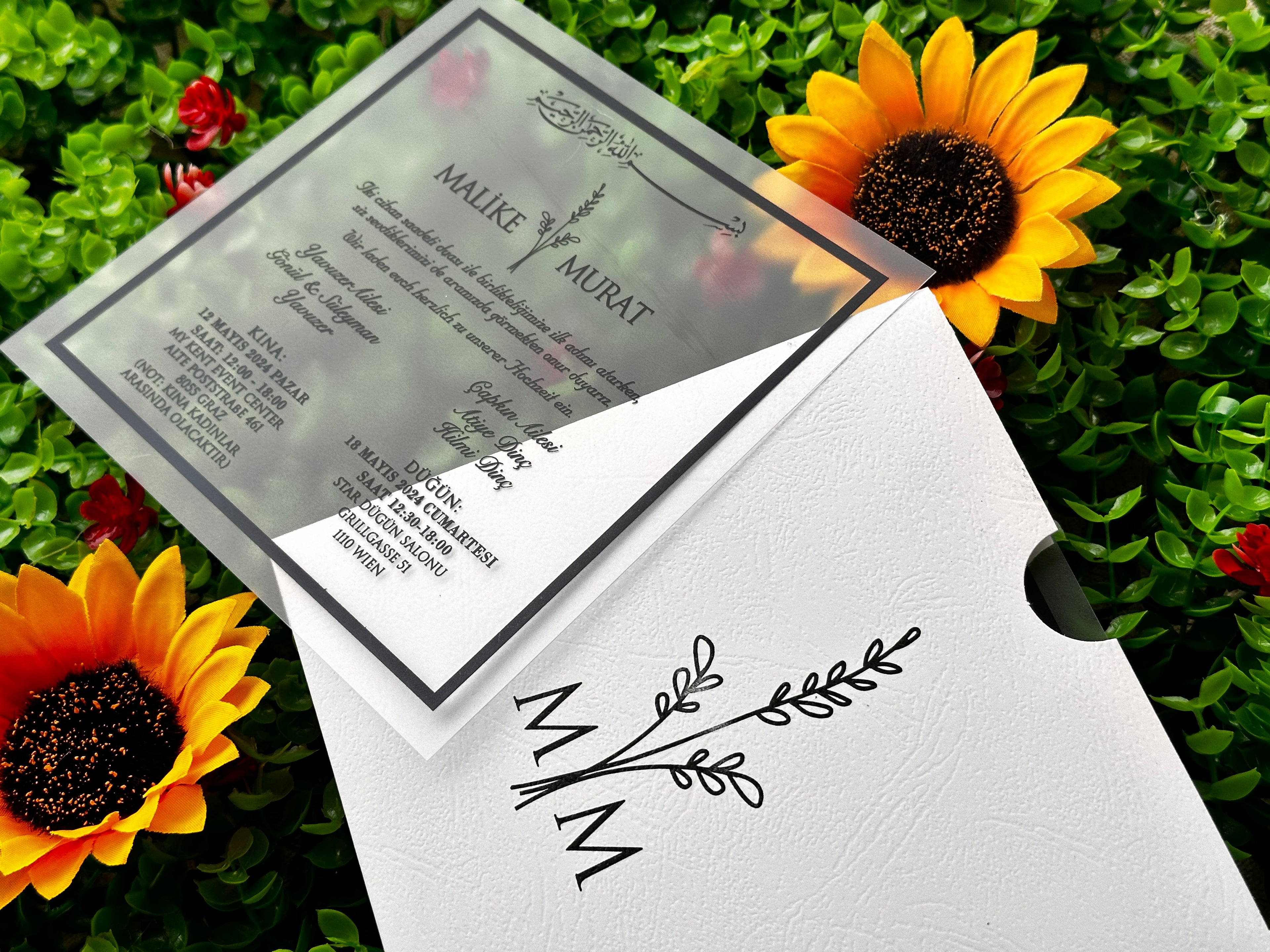 Frosted Acrylic Wedding Invitation with Black Print & White Envelope - LunaInvites