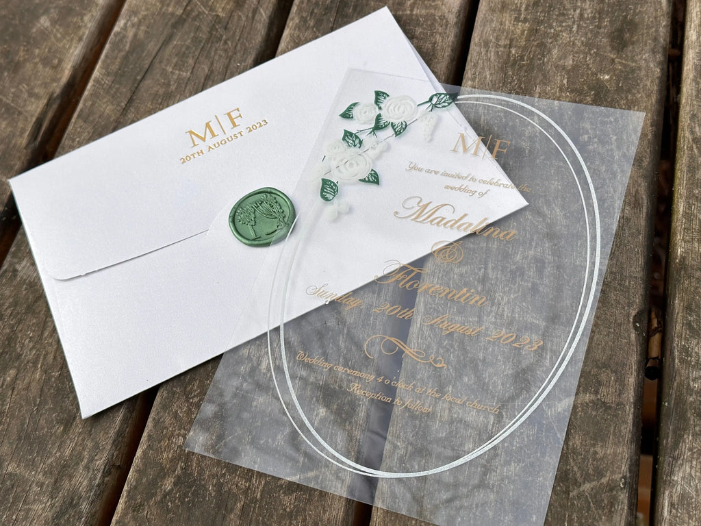 Frosted Acrylic Wedding Invitation with Black Print & Black Envelope (Kopya) LunaInvites