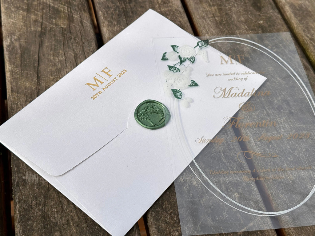 Frosted Acrylic Wedding Invitation with Black Print & Black Envelope (Kopya) LunaInvites