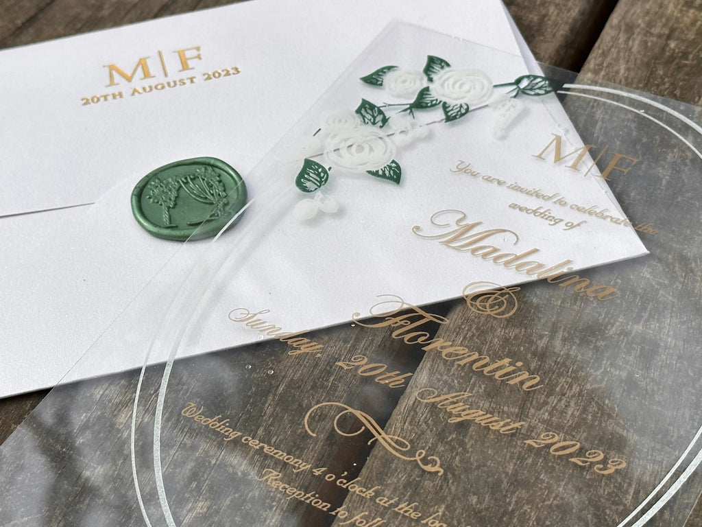 Frosted Acrylic Wedding Invitation with Black Print & Black Envelope (Kopya) LunaInvites