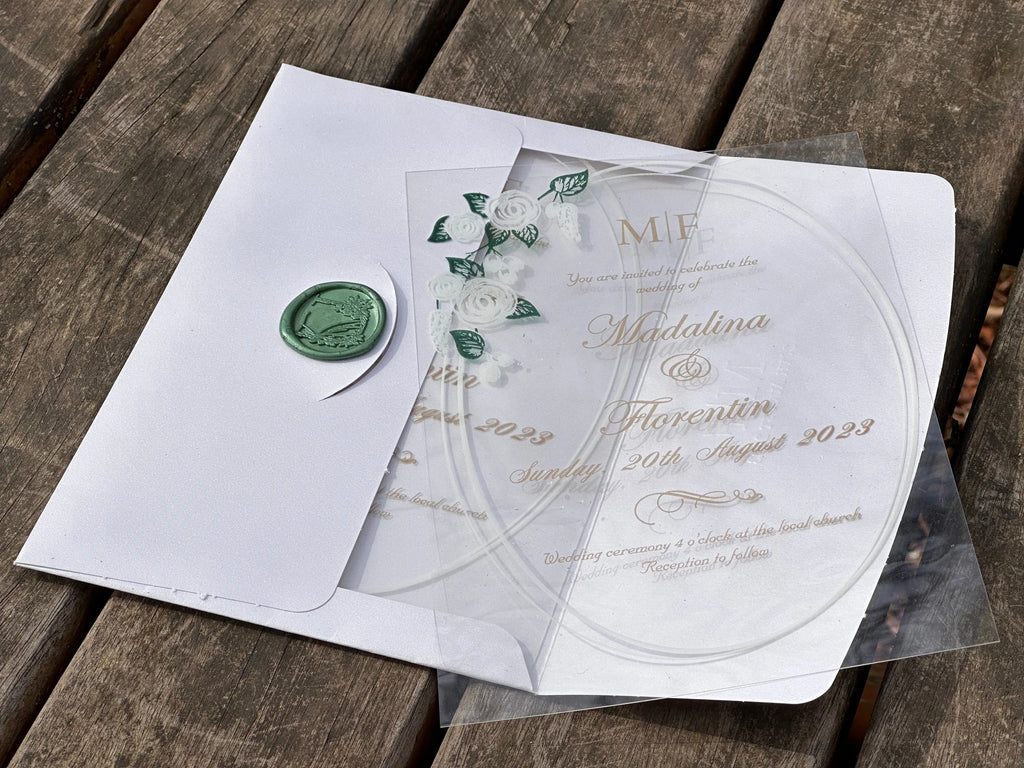 Frosted Acrylic Wedding Invitation with Black Print & Black Envelope (Kopya) LunaInvites