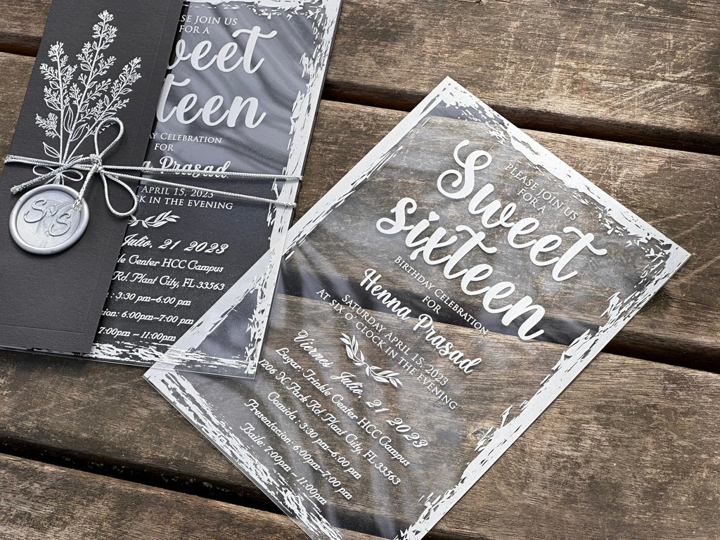Sweet Sixteen Invitation with Clear Acrylic Card & Black Sleeve LunaInvites