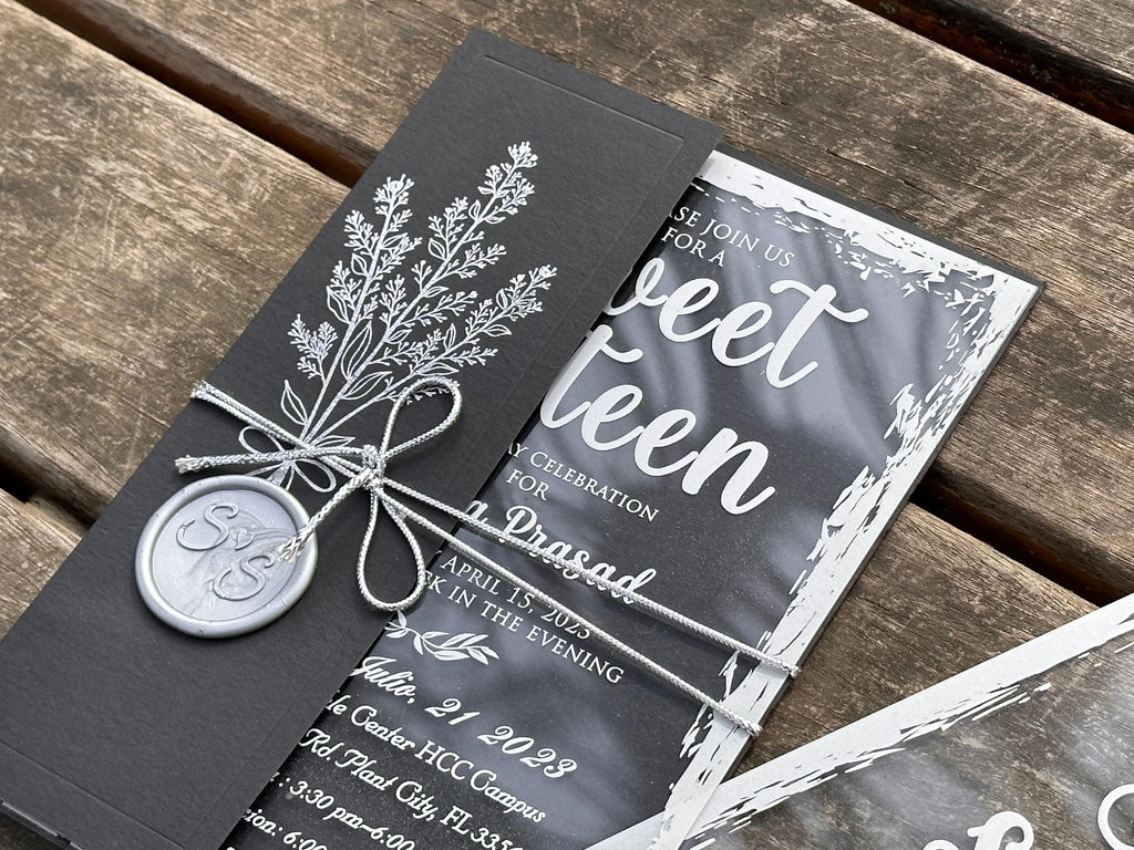 Sweet Sixteen Invitation with Clear Acrylic Card & Black Sleeve LunaInvites