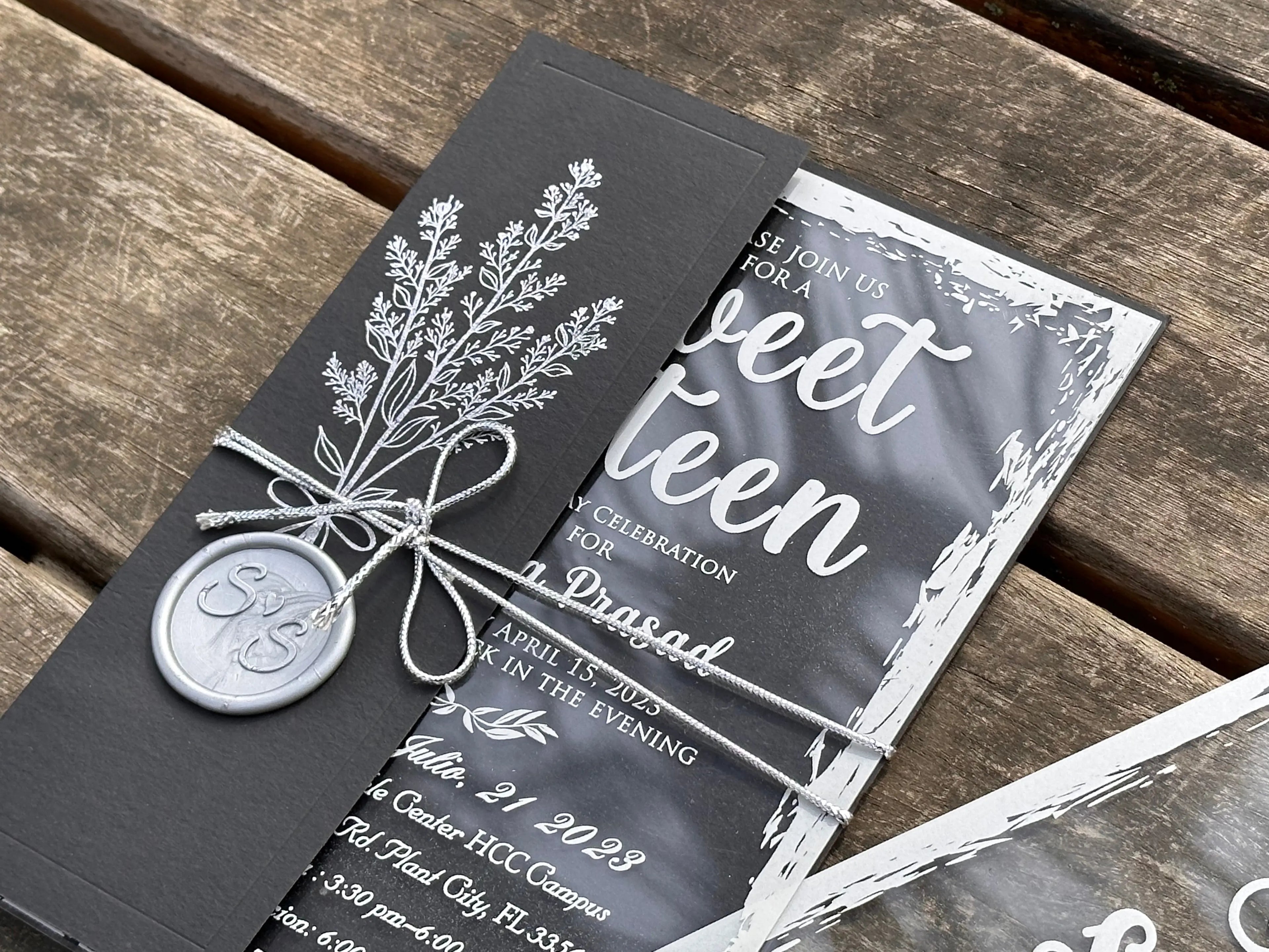 Sweet Sixteen Invitation with Clear Acrylic Card & Black Sleeve LunaInvites