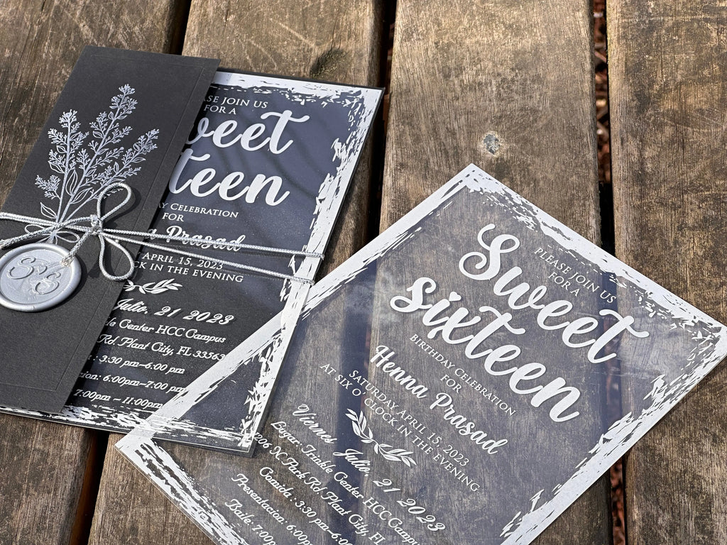 Sweet Sixteen Invitation with Clear Acrylic Card & Black Sleeve LunaInvites