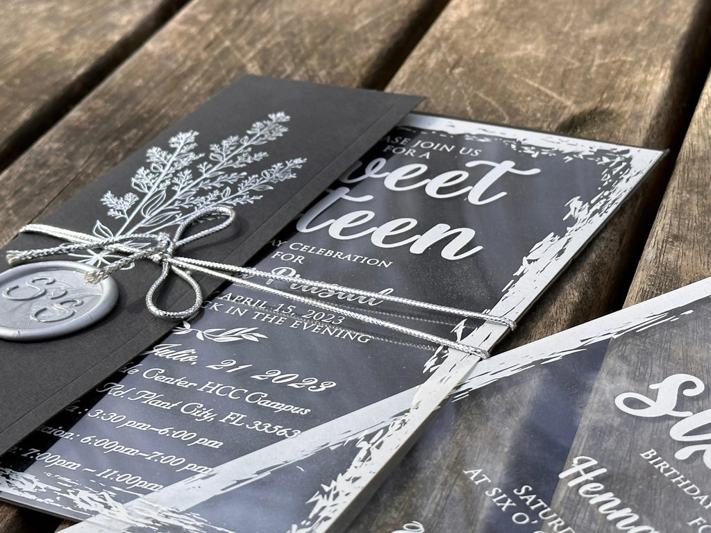 Sweet Sixteen Invitation with Clear Acrylic Card & Black Sleeve LunaInvites
