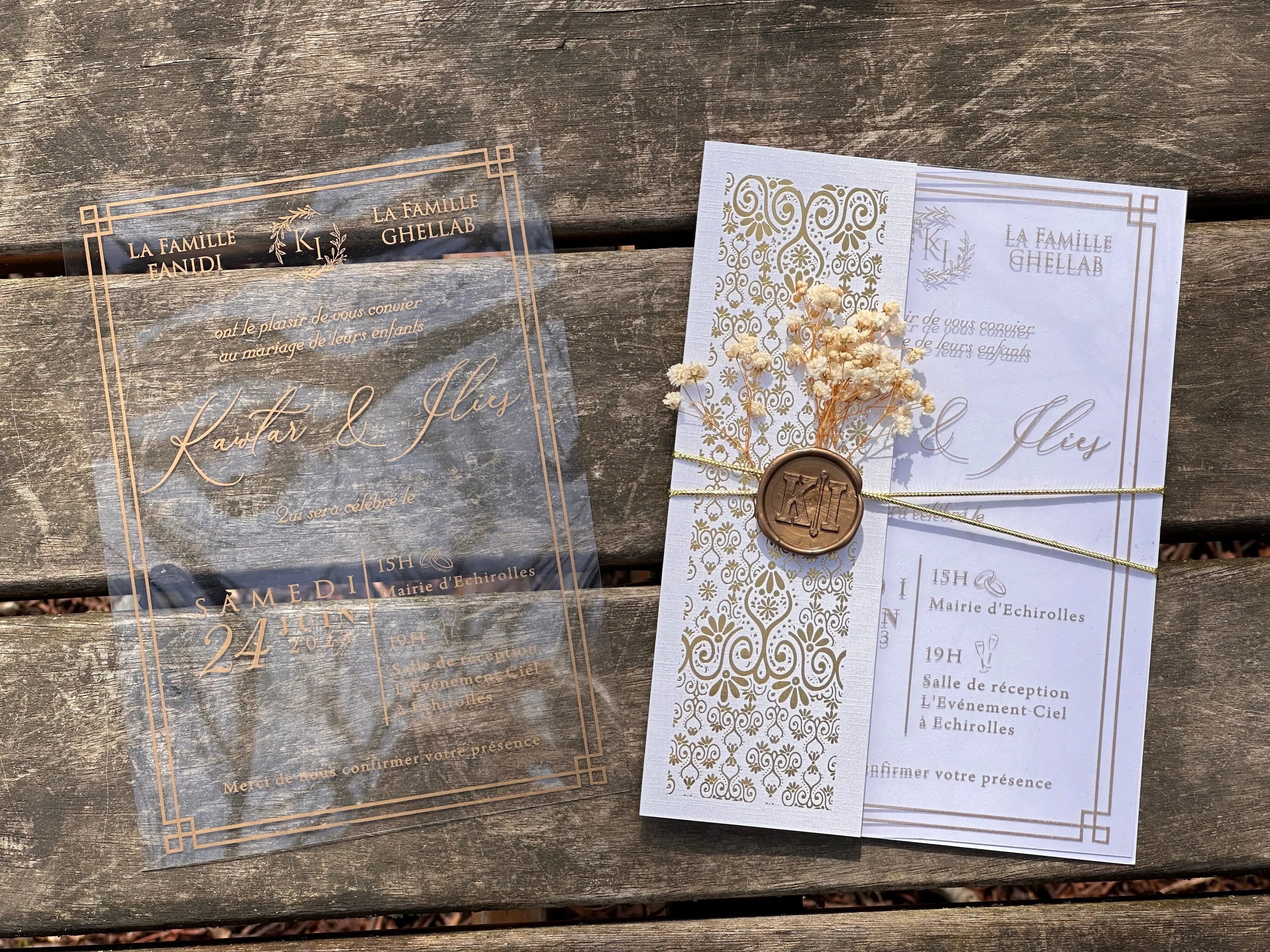 Clear Acrylic Wedding Invitation with Gold Foil & Ornate White Wrap LunaInvites