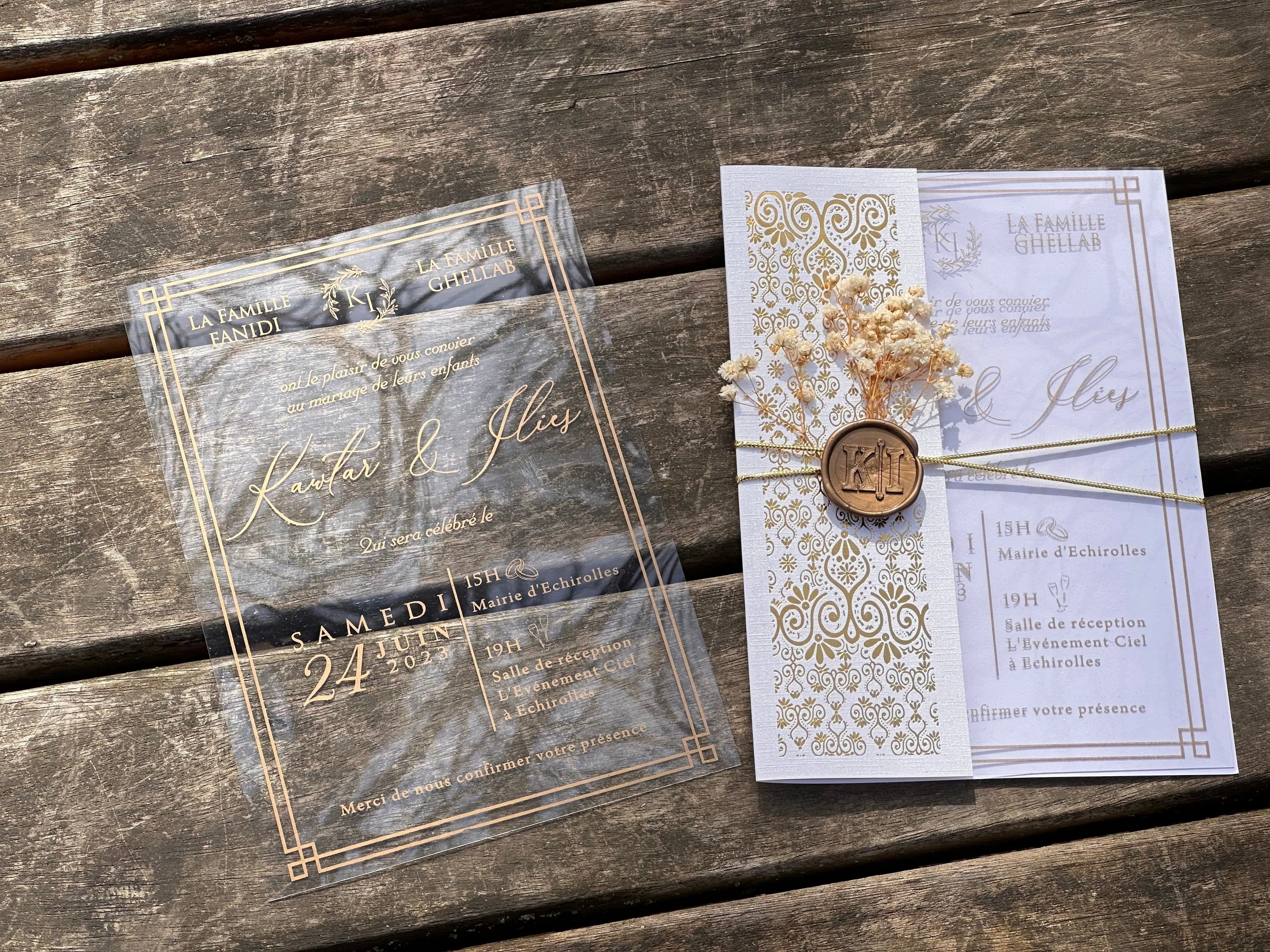 Clear Acrylic Wedding Invitation with Gold Foil & Ornate White Wrap LunaInvites