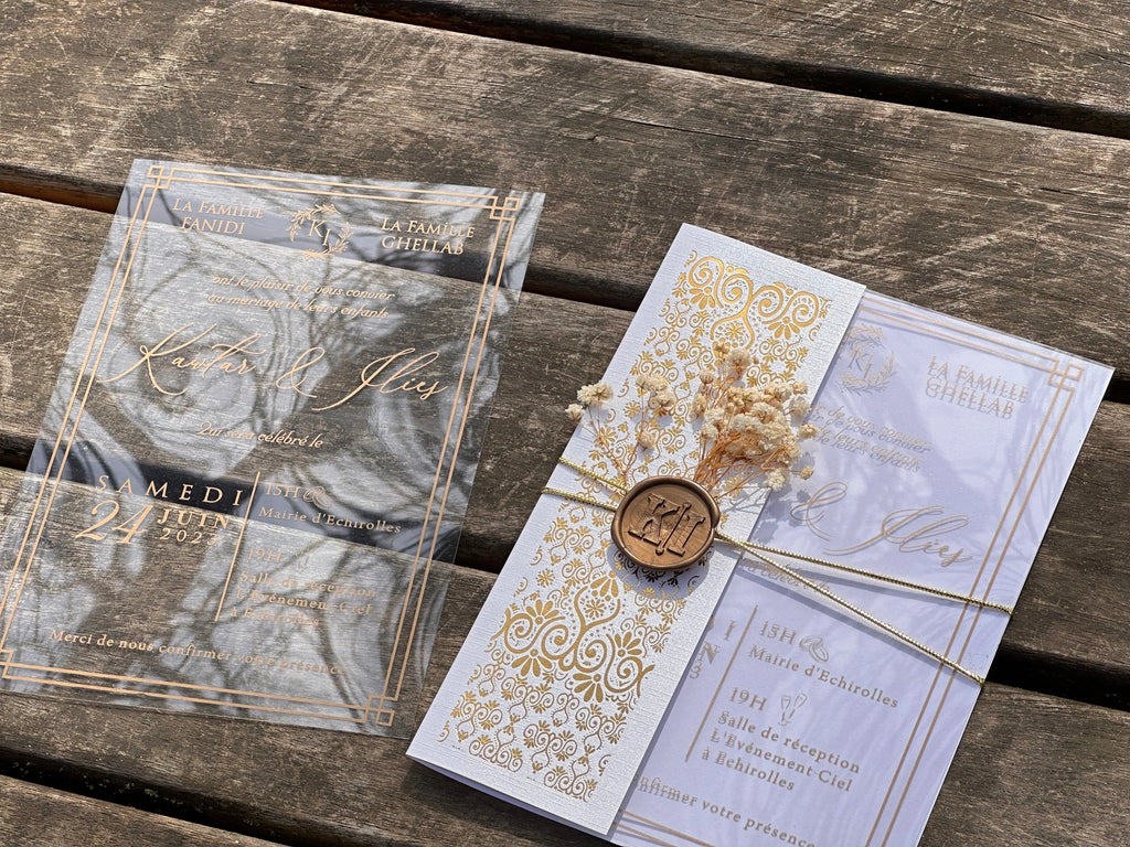 Clear Acrylic Wedding Invitation with Gold Foil & Ornate White Wrap LunaInvites