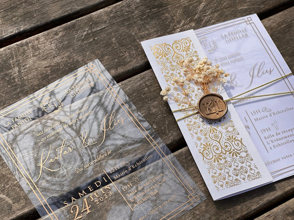Clear Acrylic Wedding Invitation with Gold Foil & Ornate White Wrap LunaInvites