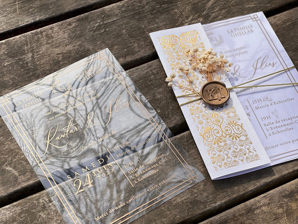 Clear Acrylic Wedding Invitation with Gold Foil & Ornate White Wrap LunaInvites