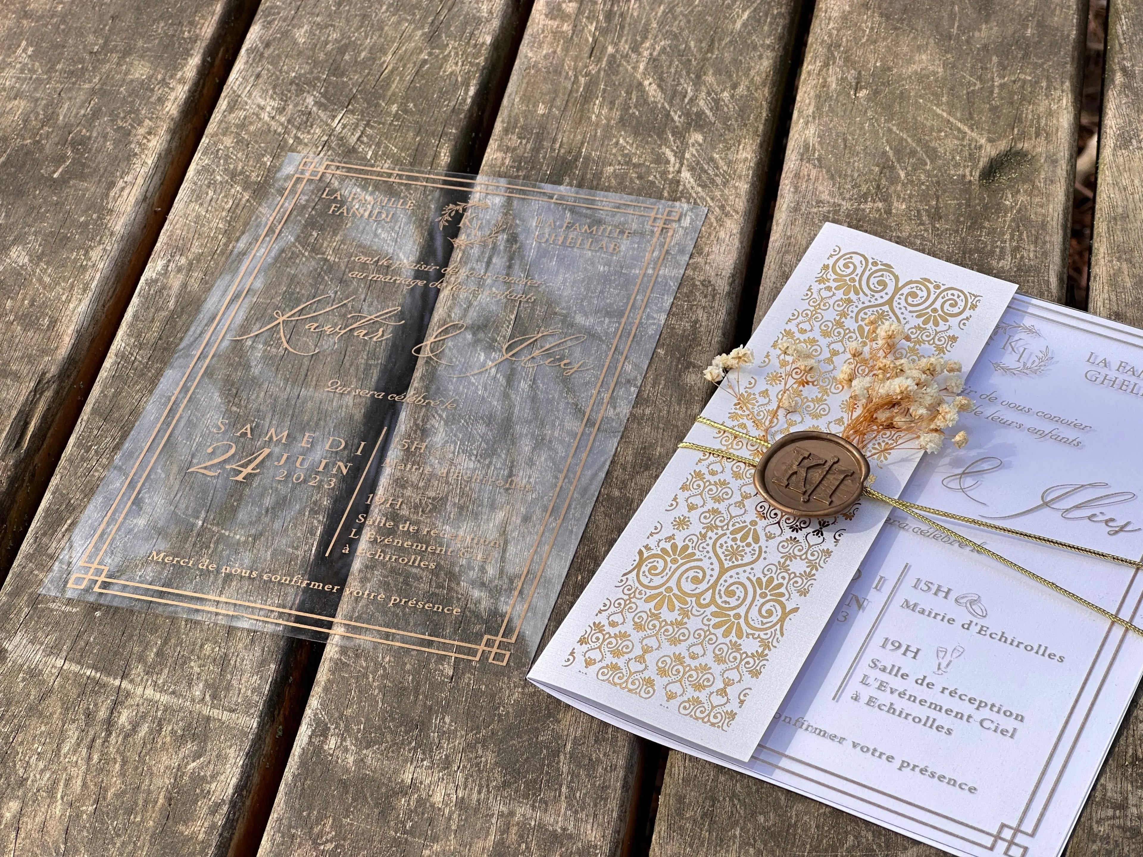 Clear Acrylic Wedding Invitation with Gold Foil & Ornate White Wrap LunaInvites