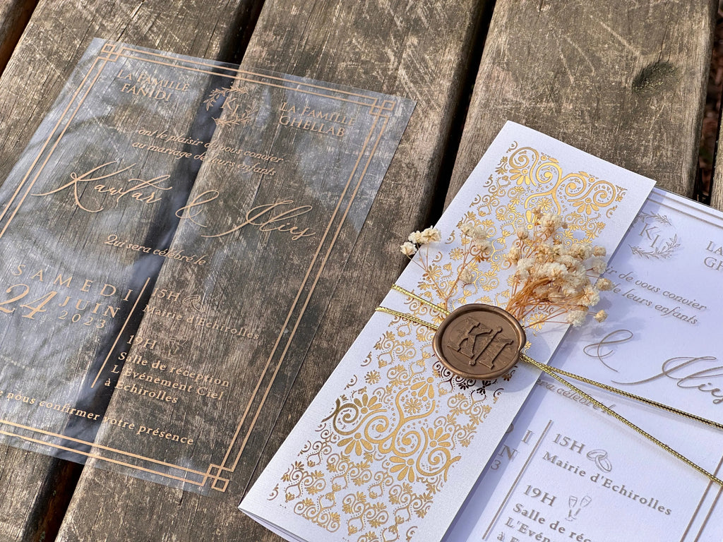 Clear Acrylic Wedding Invitation with Gold Foil & Ornate White Wrap LunaInvites