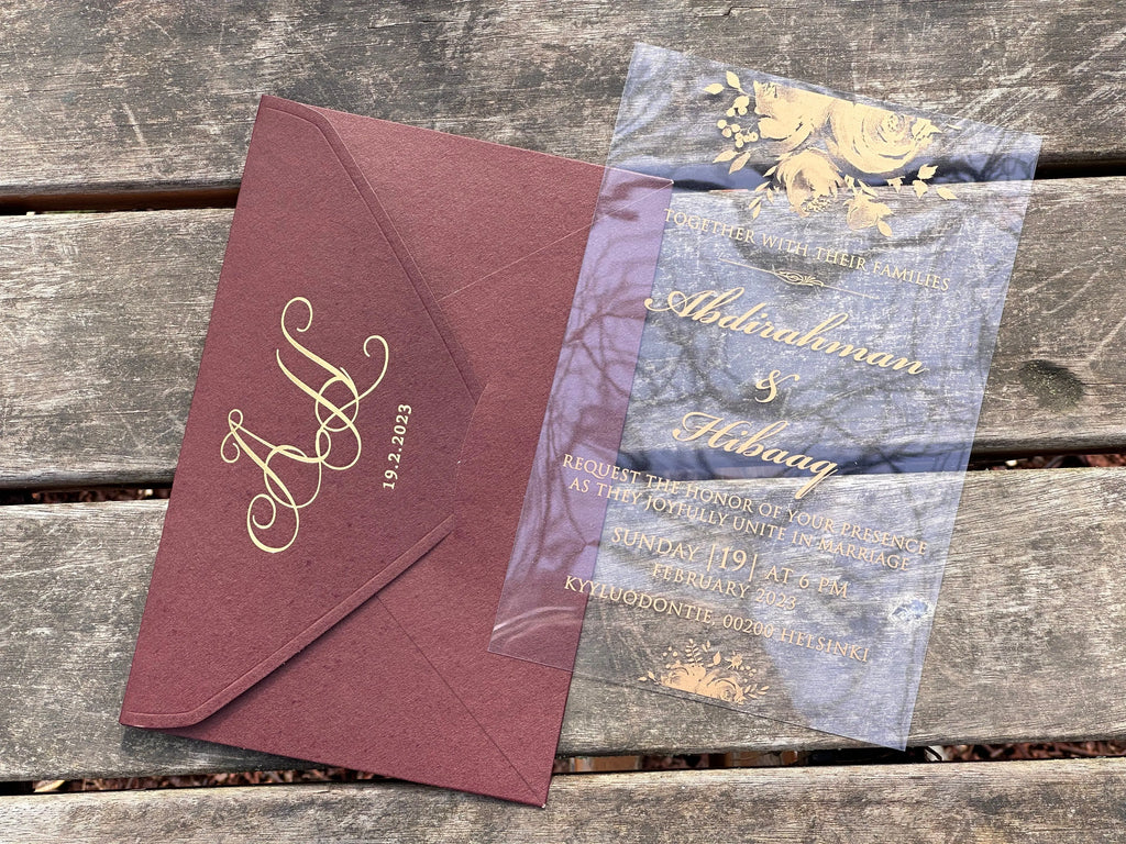 Clear Acrylic Wedding Invitation with Burgundy Envelope & Gold Foil LunaInvites