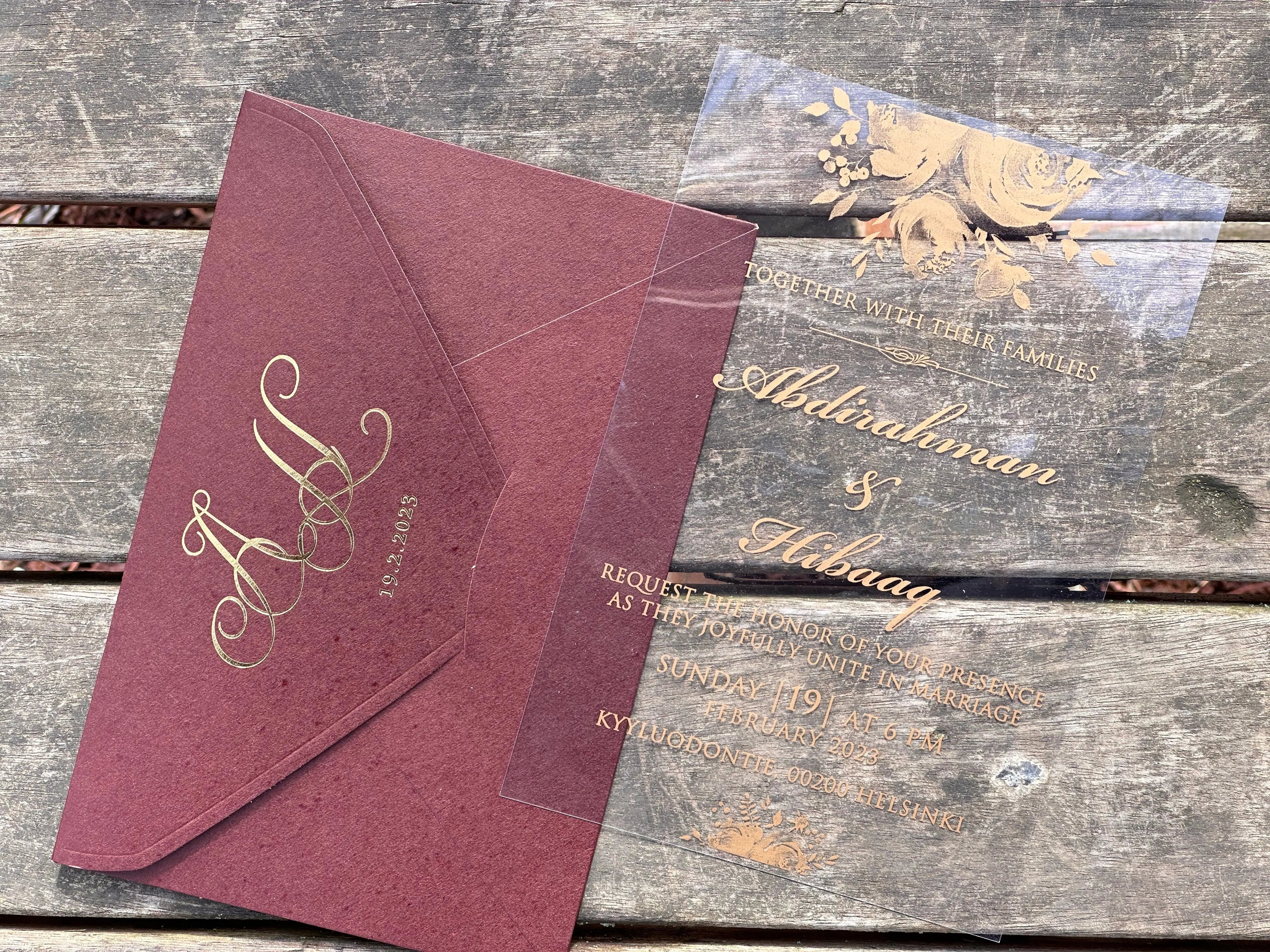 Clear Acrylic Wedding Invitation with Burgundy Envelope & Gold Foil LunaInvites