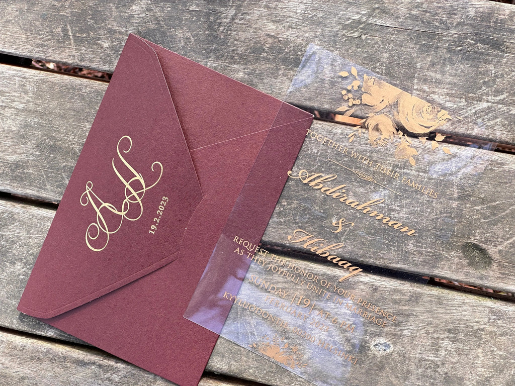 Clear Acrylic Wedding Invitation with Burgundy Envelope & Gold Foil LunaInvites