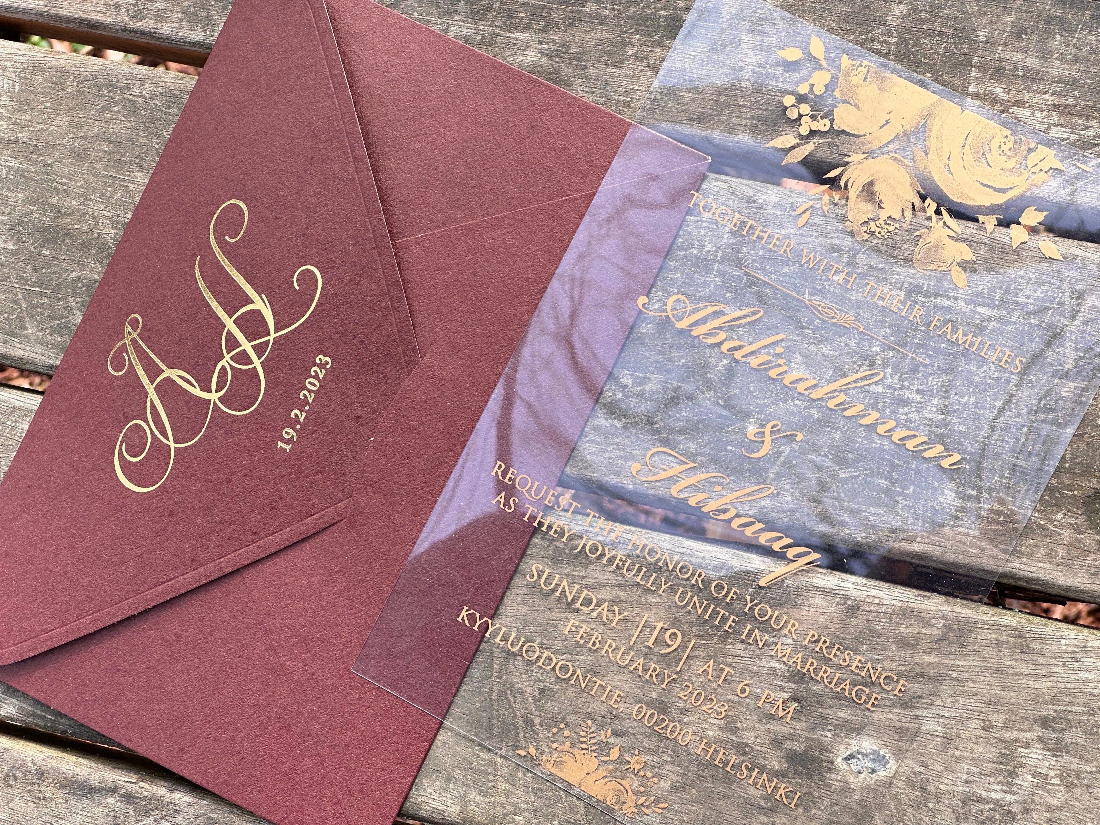 Clear Acrylic Wedding Invitation with Burgundy Envelope & Gold Foil LunaInvites