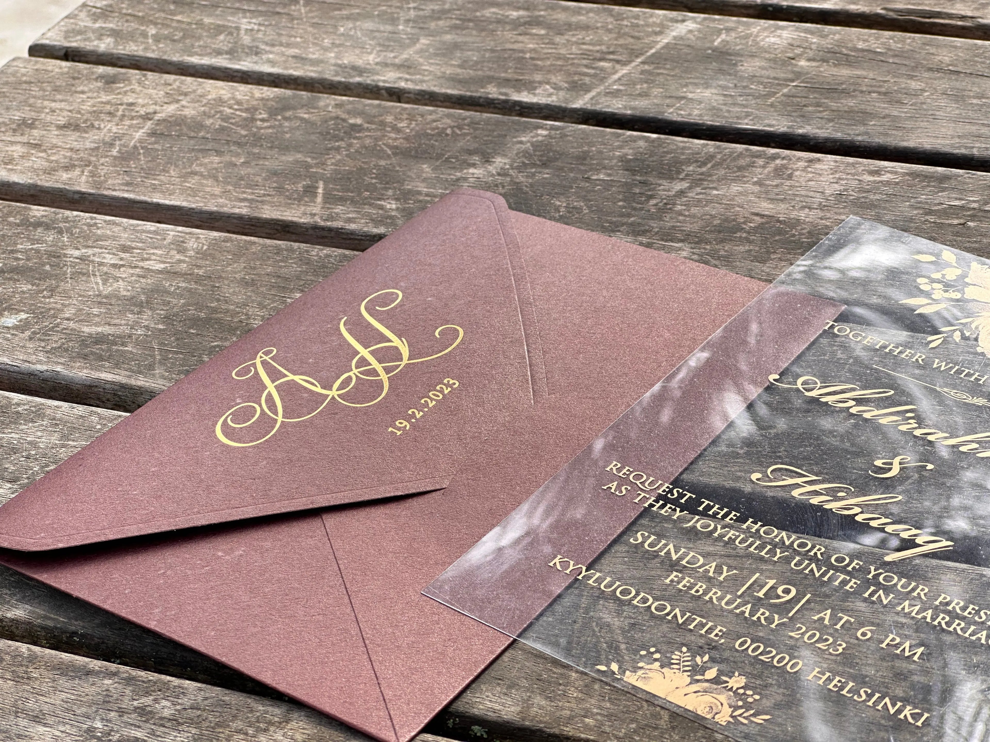 Clear Acrylic Wedding Invitation with Burgundy Envelope & Gold Foil LunaInvites