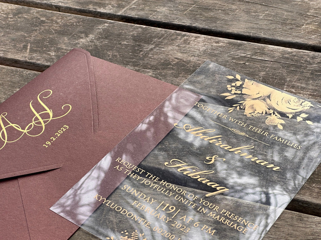 Clear Acrylic Wedding Invitation with Burgundy Envelope & Gold Foil LunaInvites