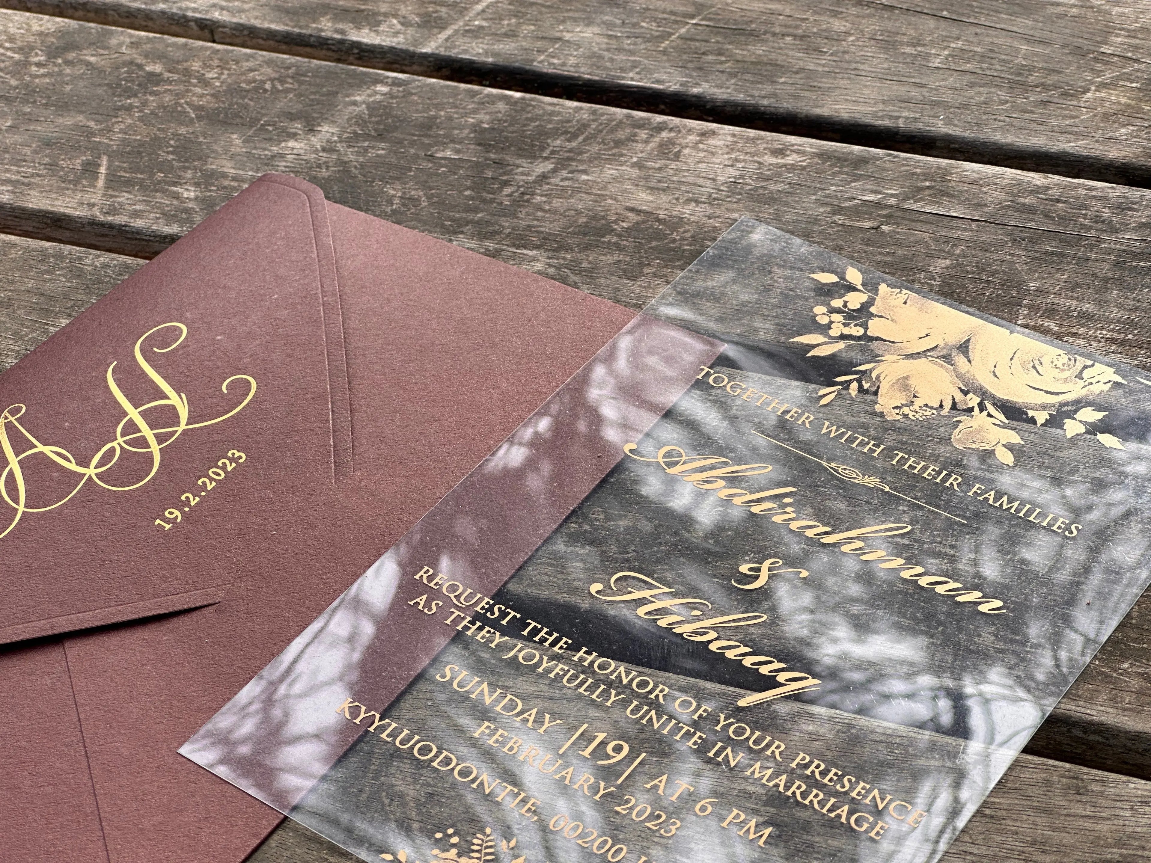 Clear Acrylic Wedding Invitation with Burgundy Envelope & Gold Foil LunaInvites