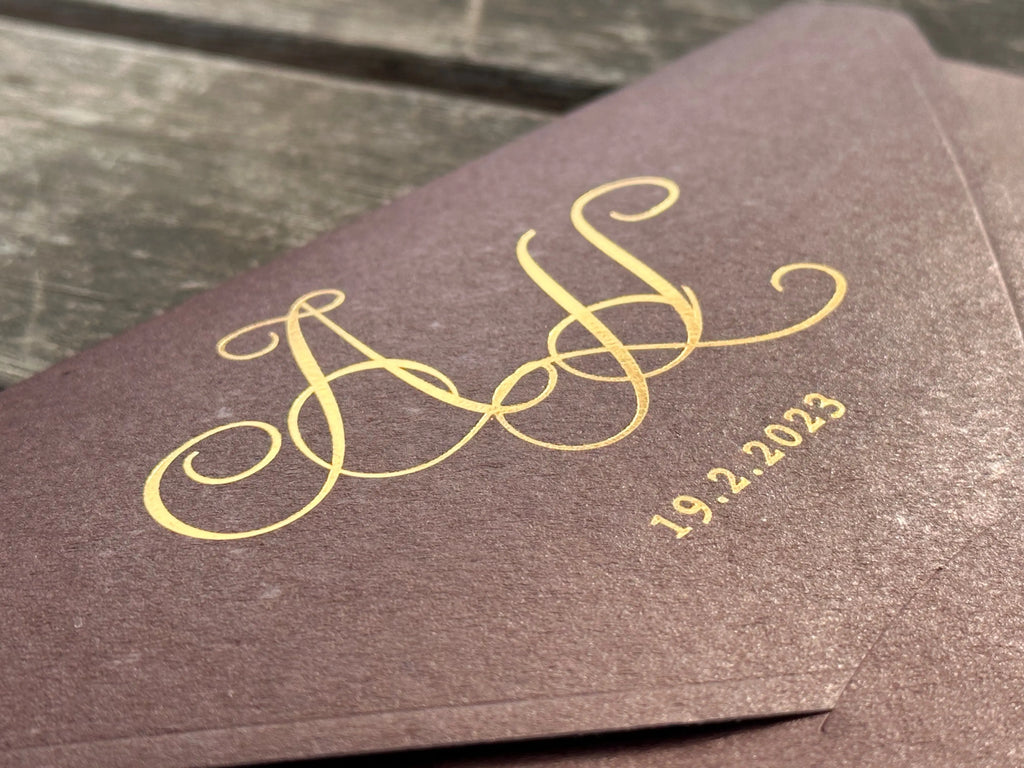Clear Acrylic Wedding Invitation with Burgundy Envelope & Gold Foil LunaInvites