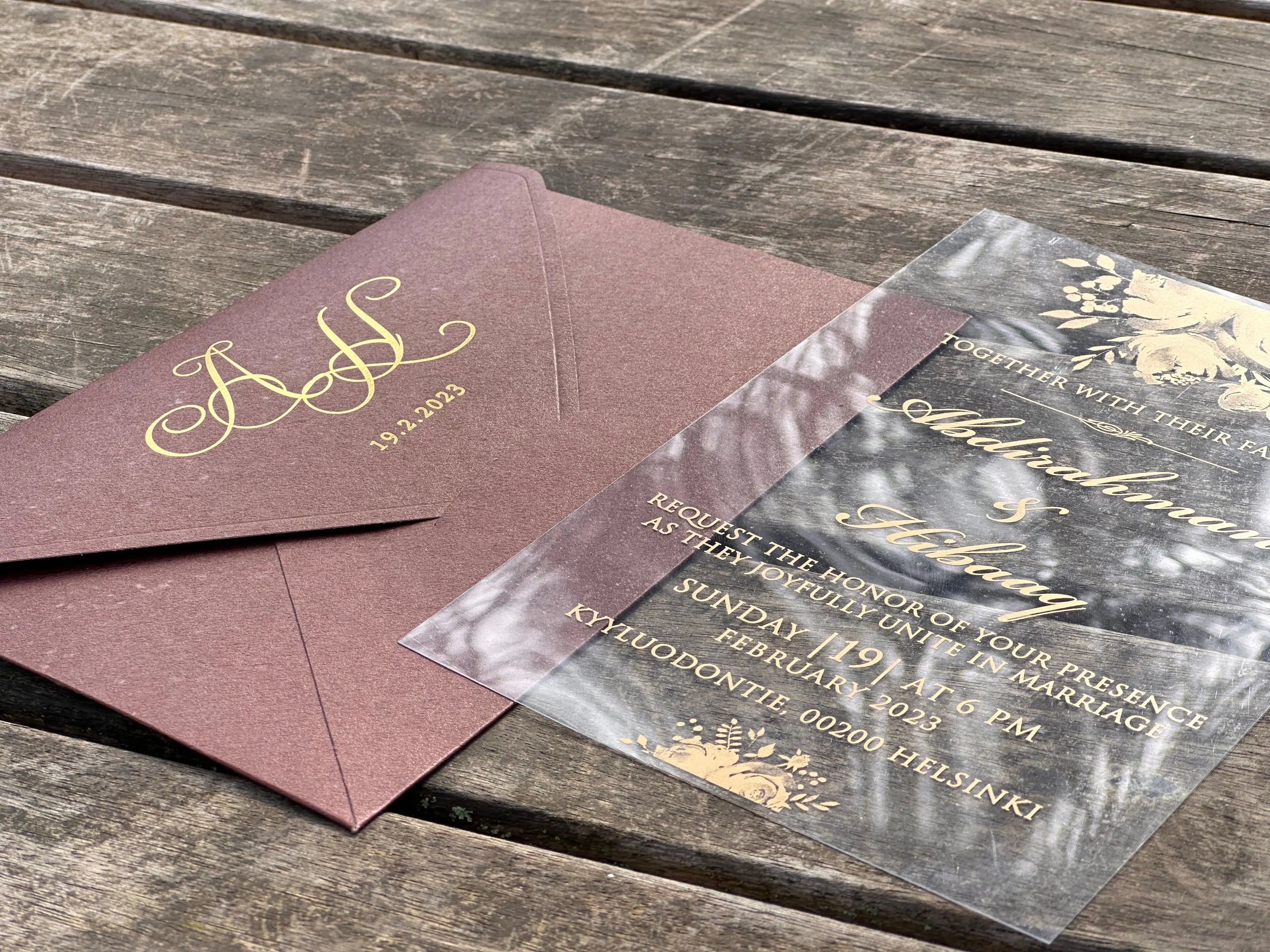 Clear Acrylic Wedding Invitation with Burgundy Envelope & Gold Foil LunaInvites