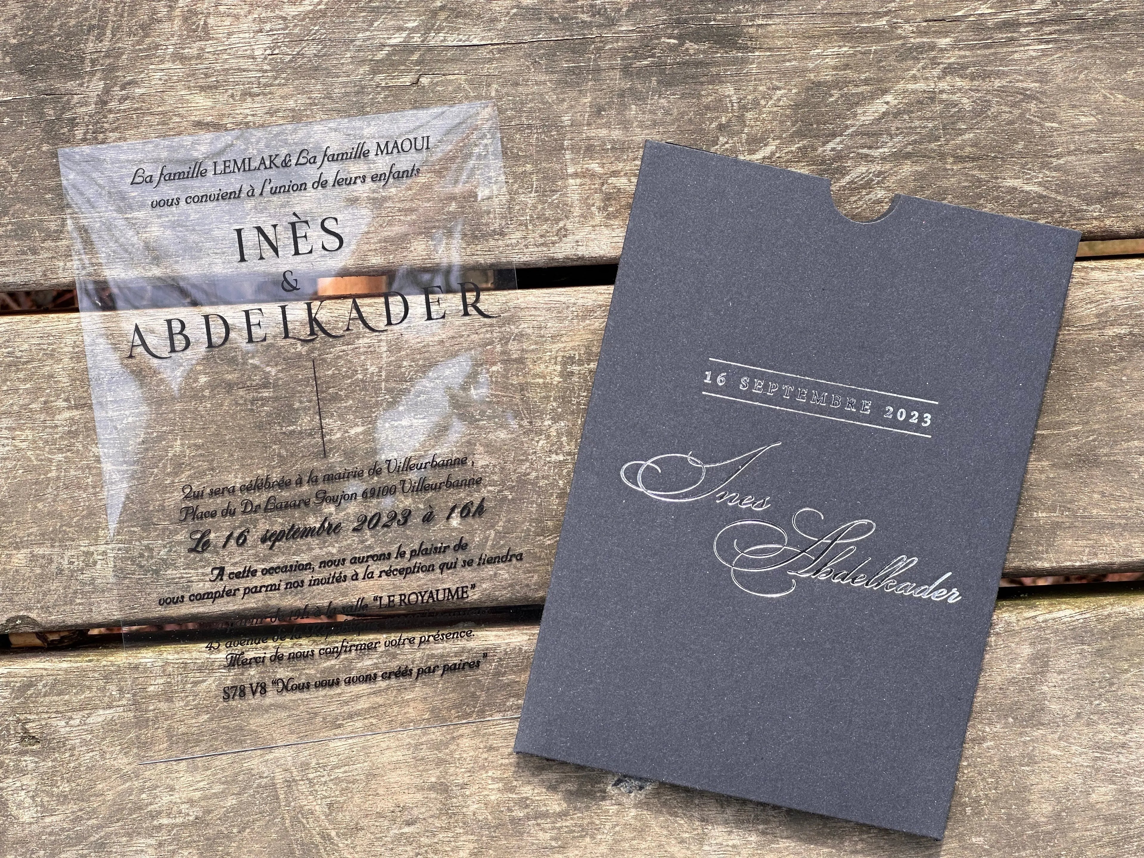 Clear Acrylic Wedding Invitation with Black Print & Black Envelope LunaInvites