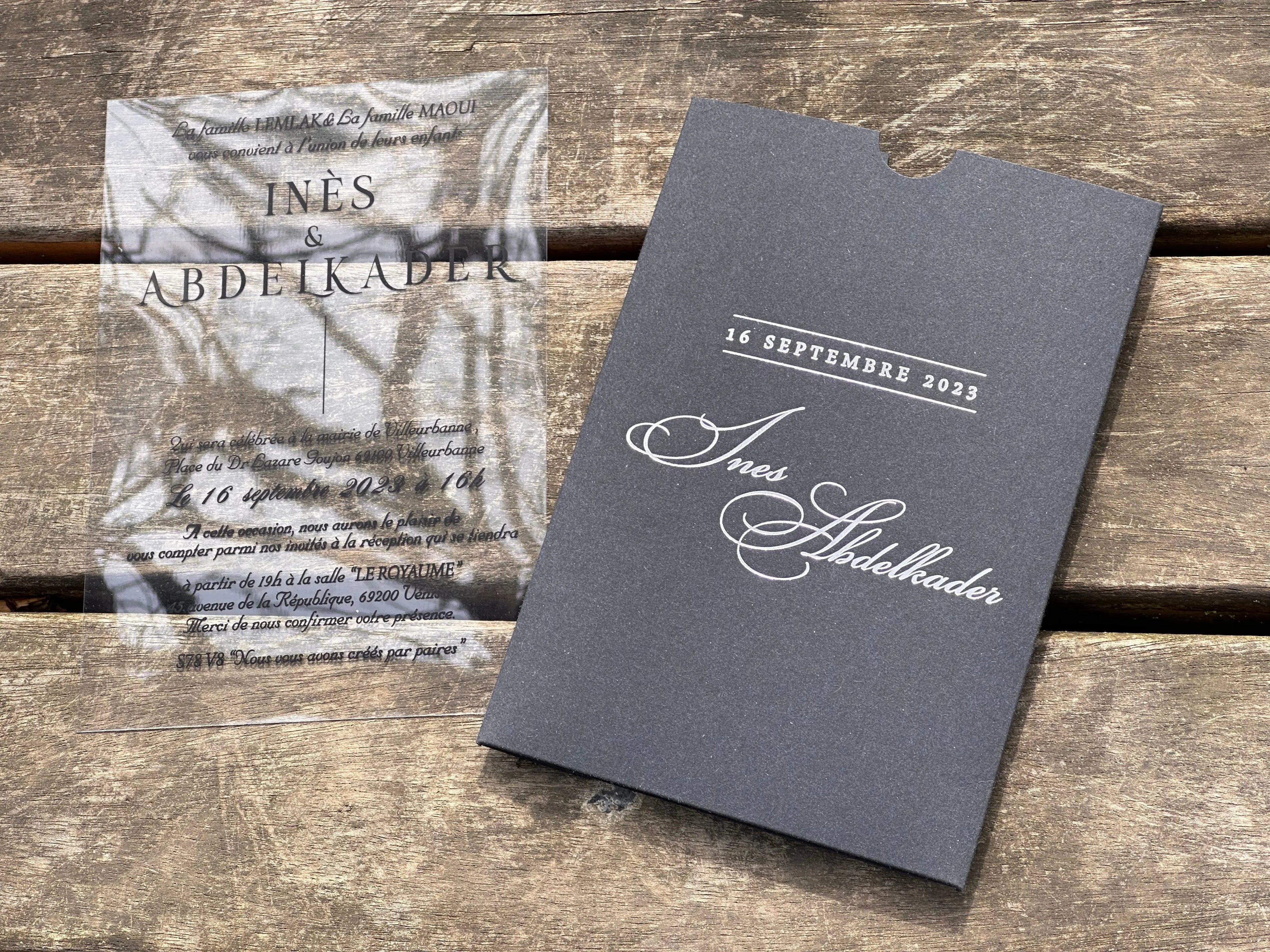 Clear Acrylic Wedding Invitation with Black Print & Black Envelope LunaInvites