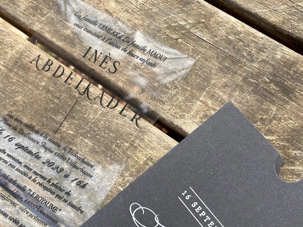 Clear Acrylic Wedding Invitation with Black Print & Black Envelope LunaInvites