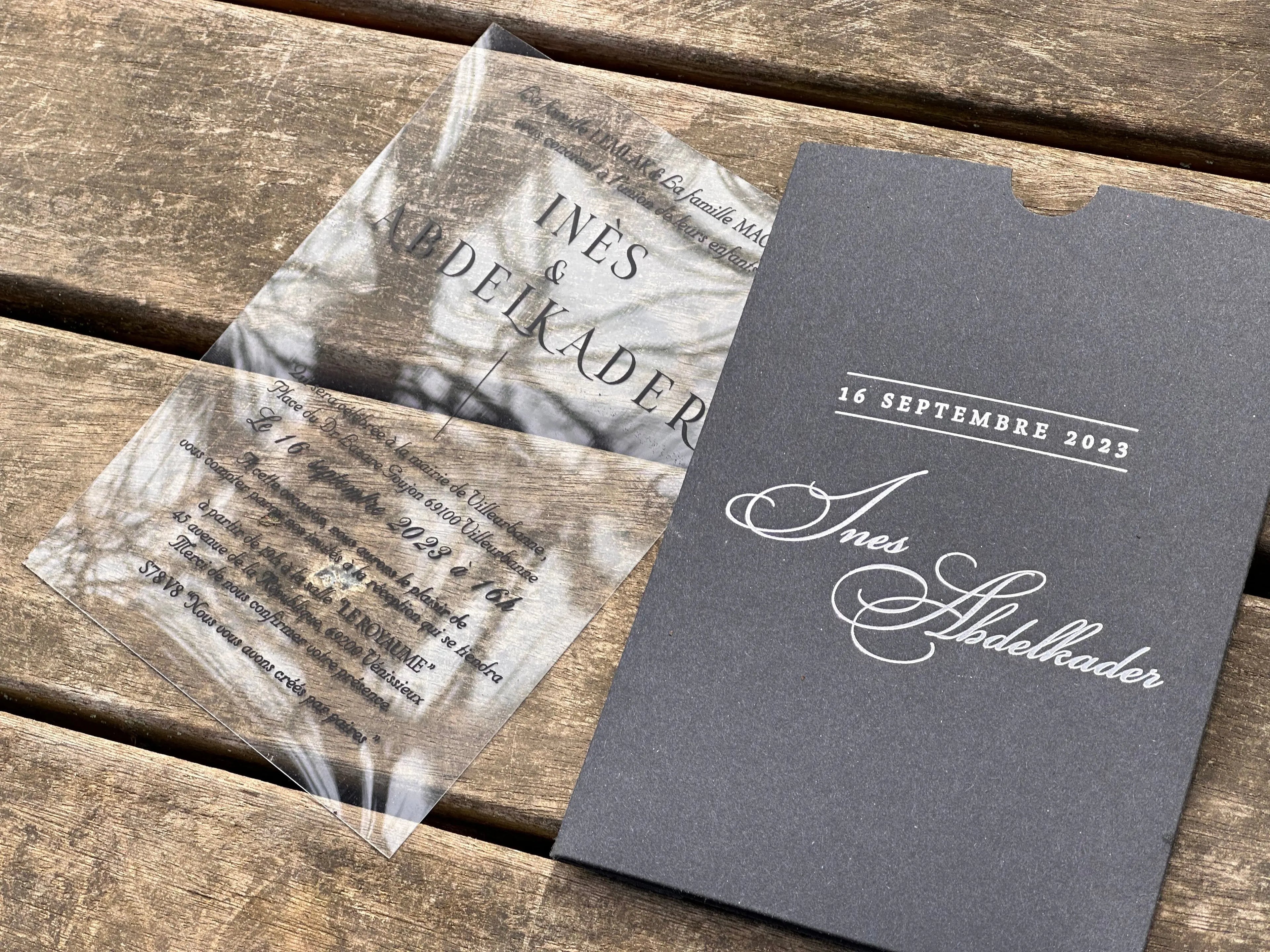 Clear Acrylic Wedding Invitation with Black Print & Black Envelope LunaInvites