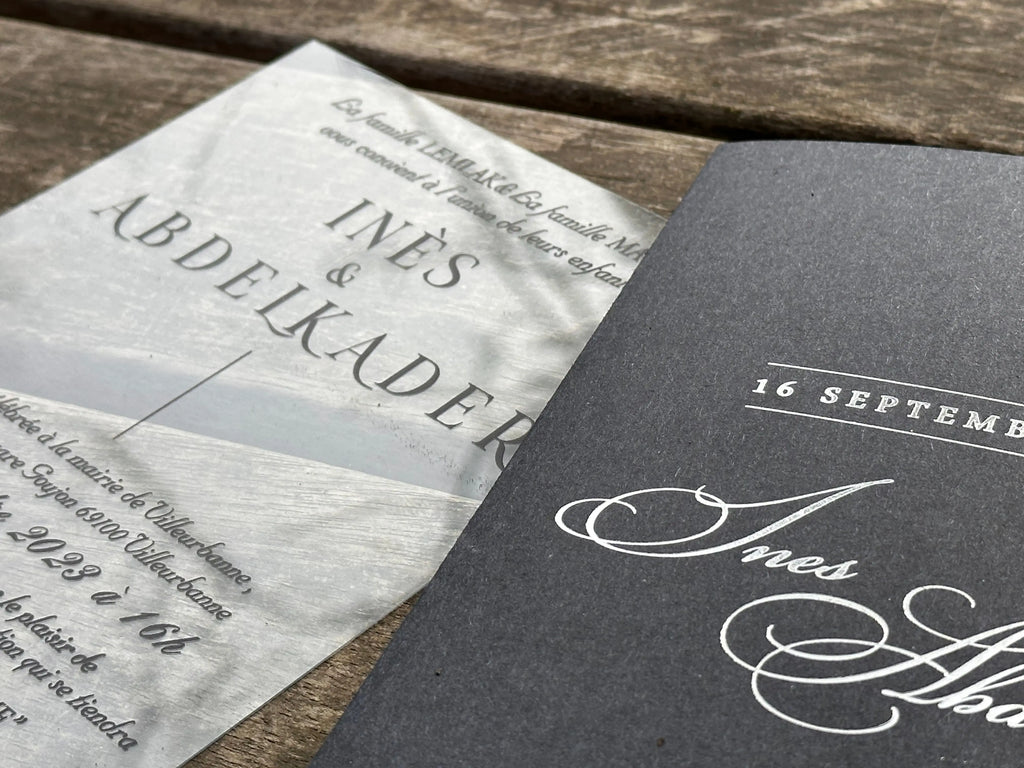 Clear Acrylic Wedding Invitation with Black Print & Black Envelope LunaInvites