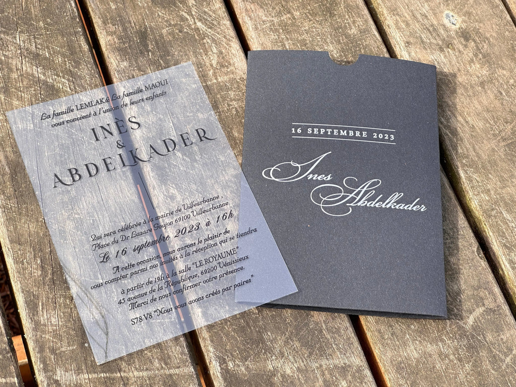 Clear Acrylic Wedding Invitation with Black Print & Black Envelope LunaInvites