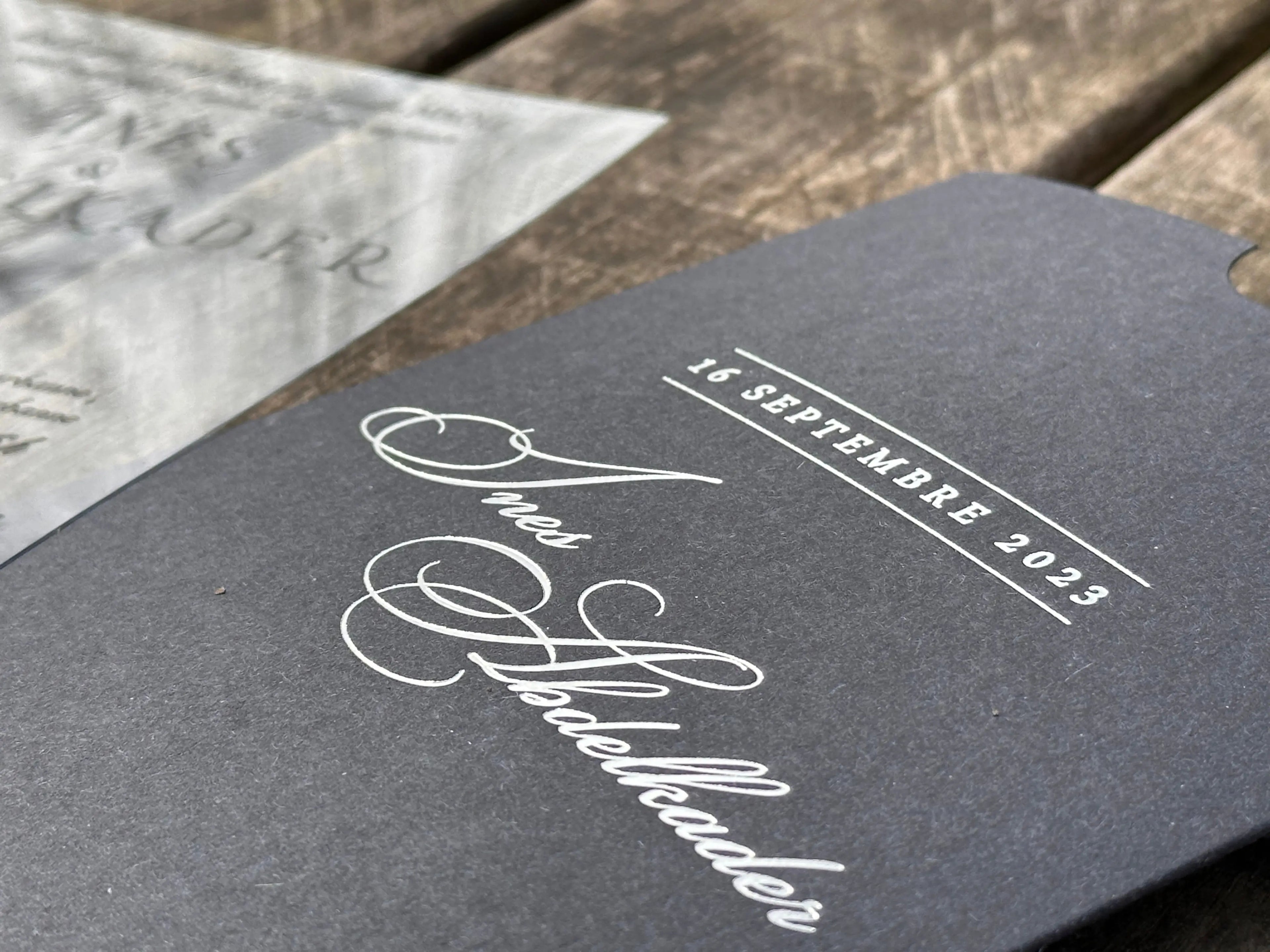 Clear Acrylic Wedding Invitation with Black Print & Black Envelope LunaInvites