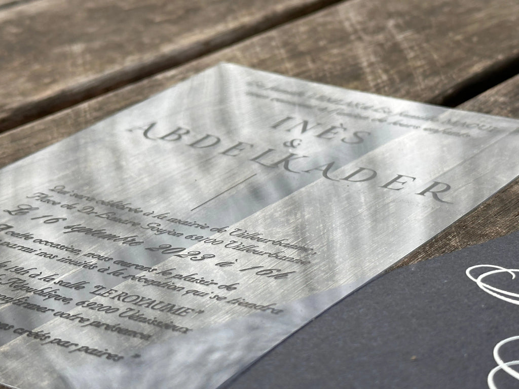Clear Acrylic Wedding Invitation with Black Print & Black Envelope LunaInvites