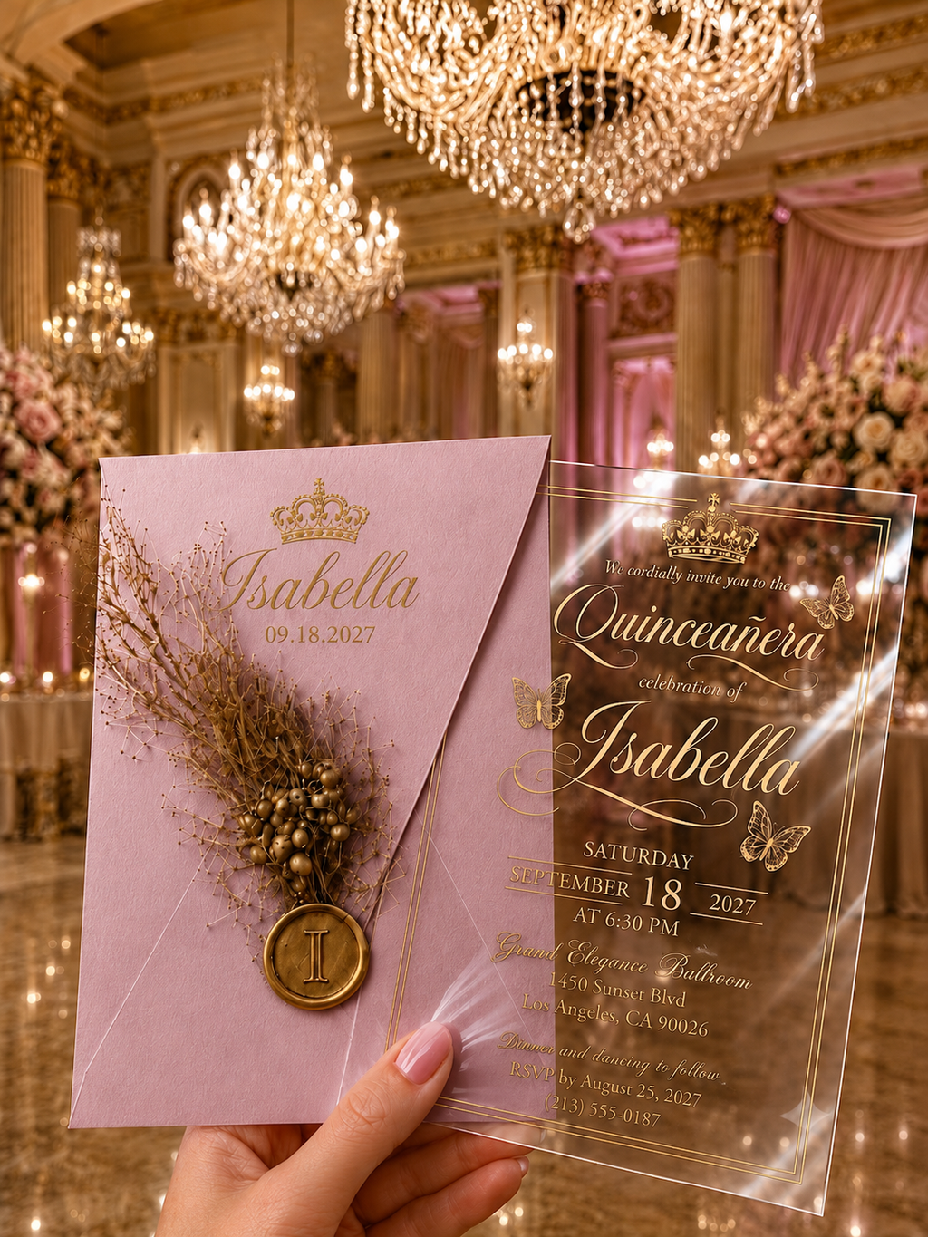 Personalized Clear Acrylic Quinceañera Invitations with Gold Print & Pink Envelope LunaInvites