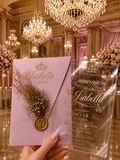 Personalized Clear Acrylic Quinceañera Invitations with Gold Print & Pink Envelope LunaInvites