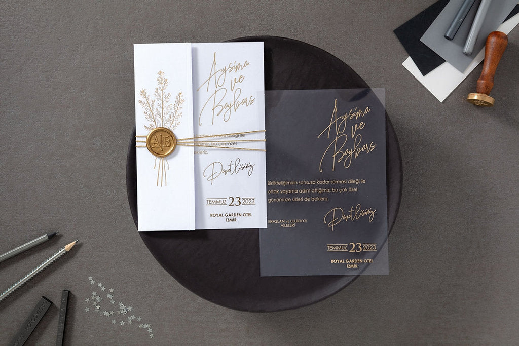Acrylic Wedding Invitation with Gold Foil & Wax Seal LunaInvites