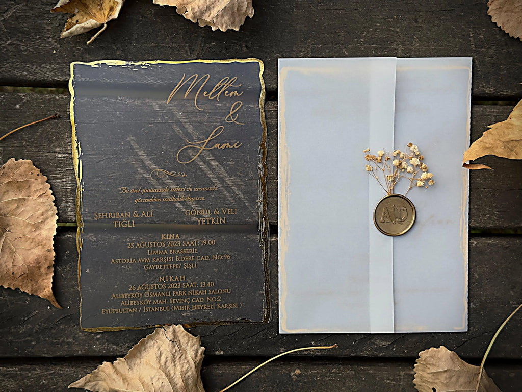 Frosted Acrylic Wedding Invitation with Gold Foil & Vellum Wrap LunaInvites