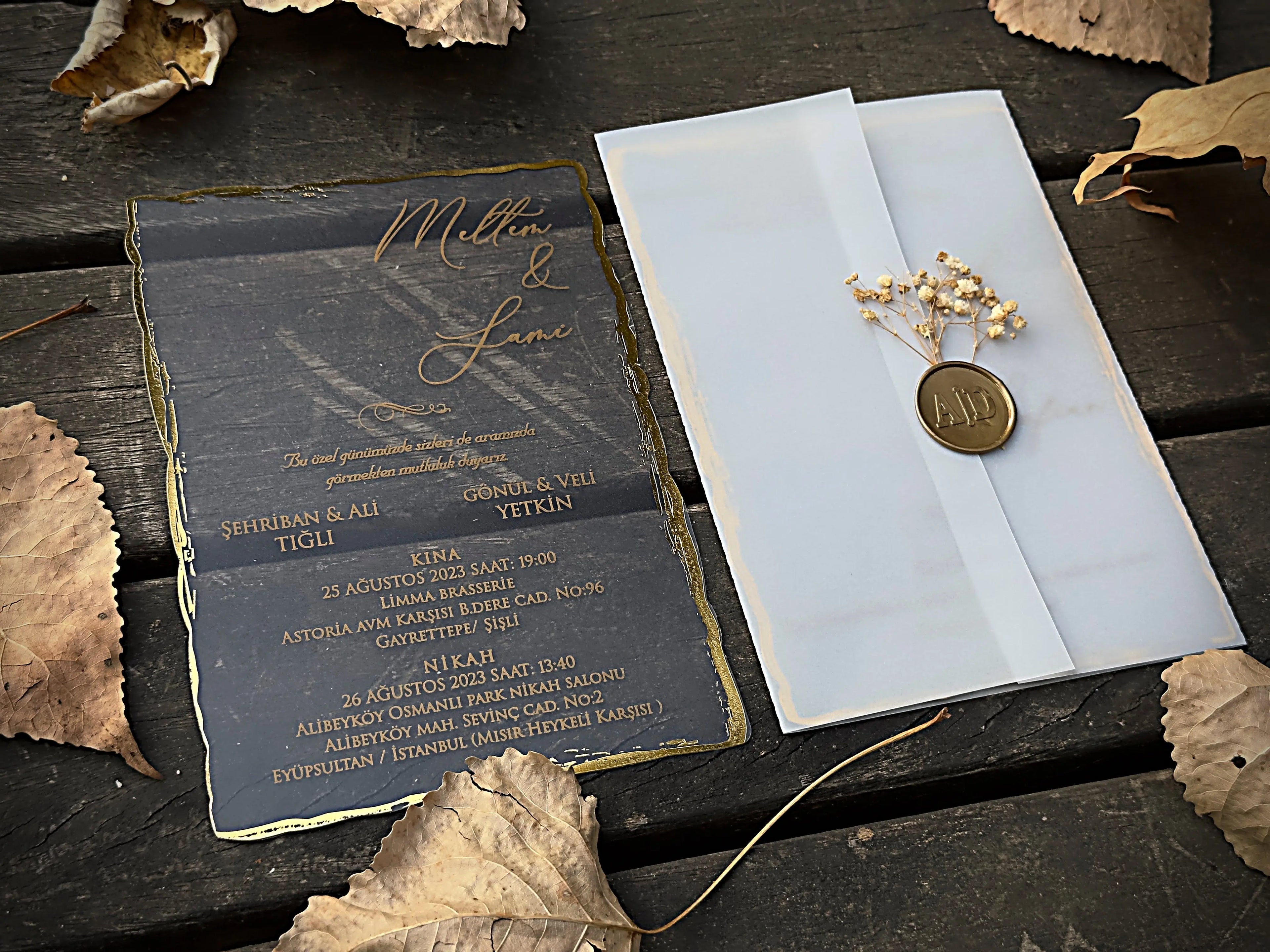 Frosted Acrylic Wedding Invitation with Gold Foil & Vellum Wrap LunaInvites