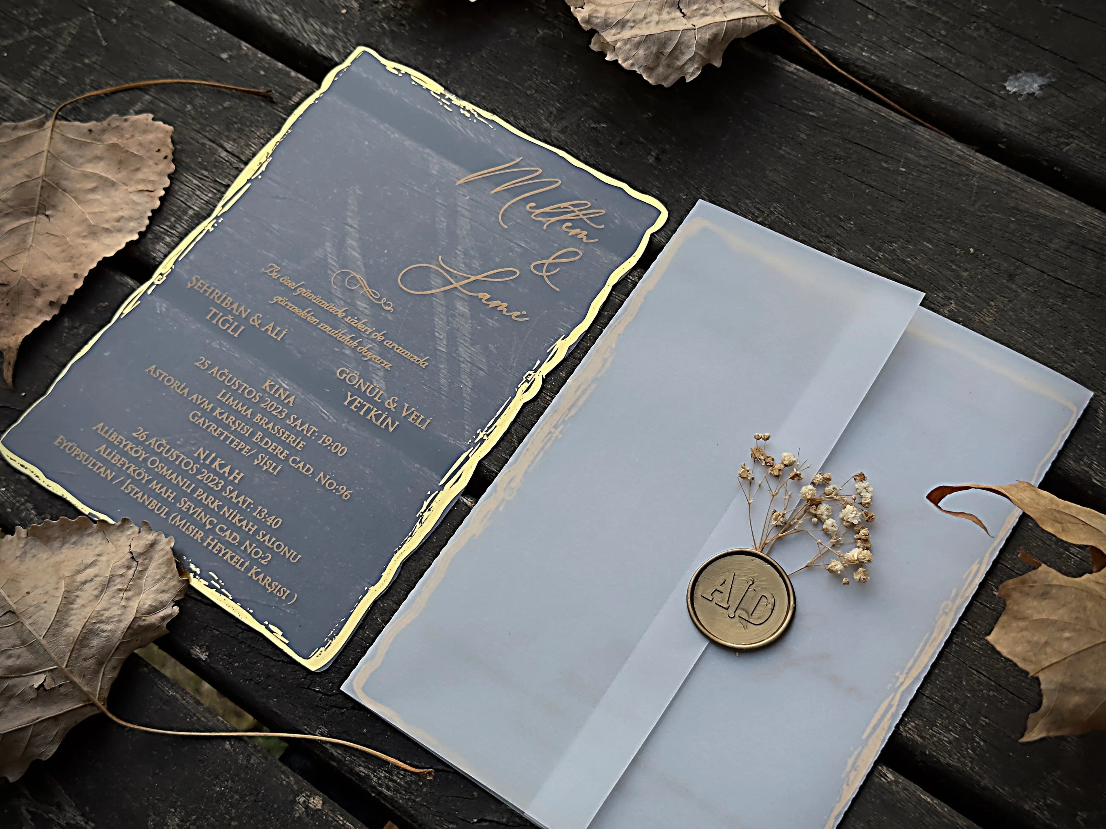 Frosted Acrylic Wedding Invitation with Gold Foil & Vellum Wrap LunaInvites