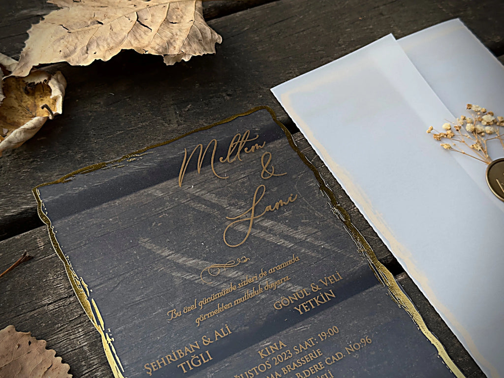 Frosted Acrylic Wedding Invitation with Gold Foil & Vellum Wrap LunaInvites