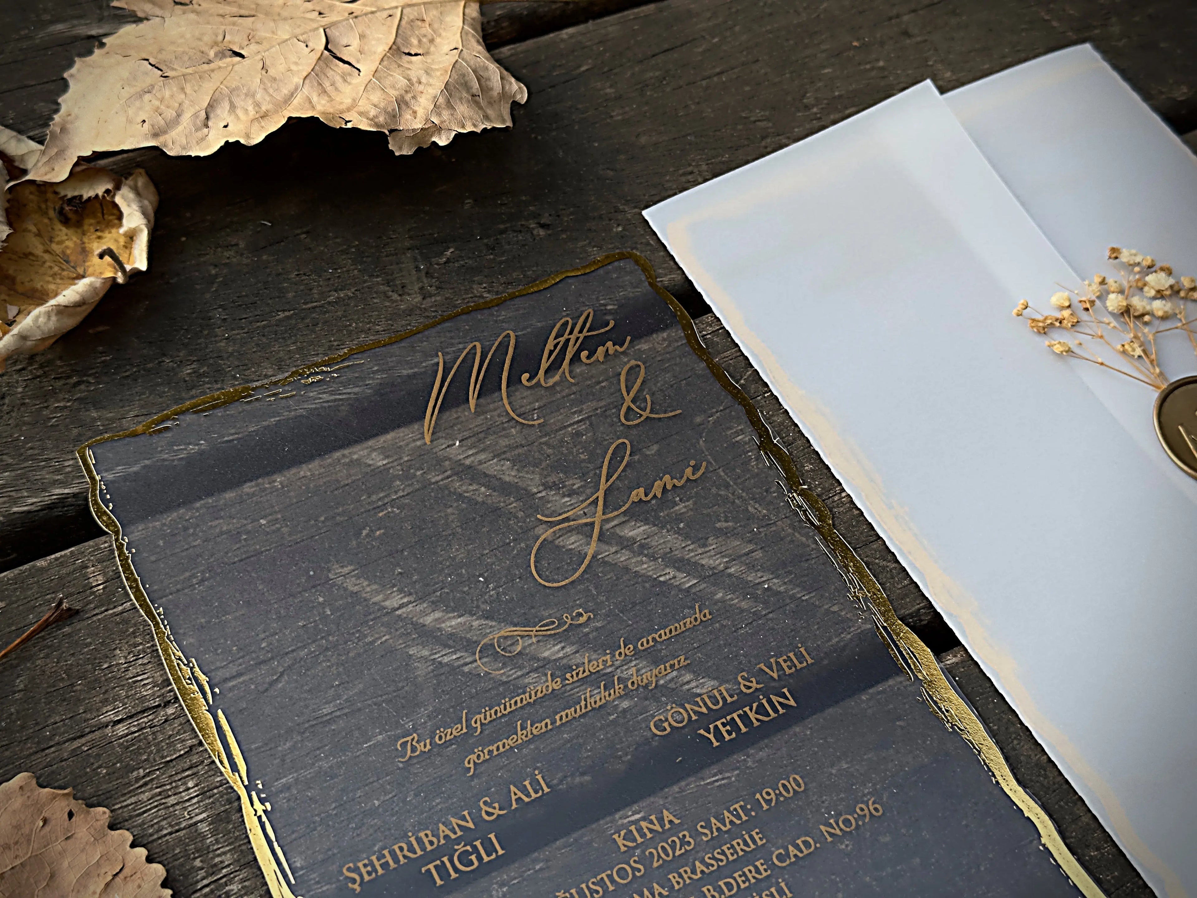 Frosted Acrylic Wedding Invitation with Gold Foil & Vellum Wrap LunaInvites