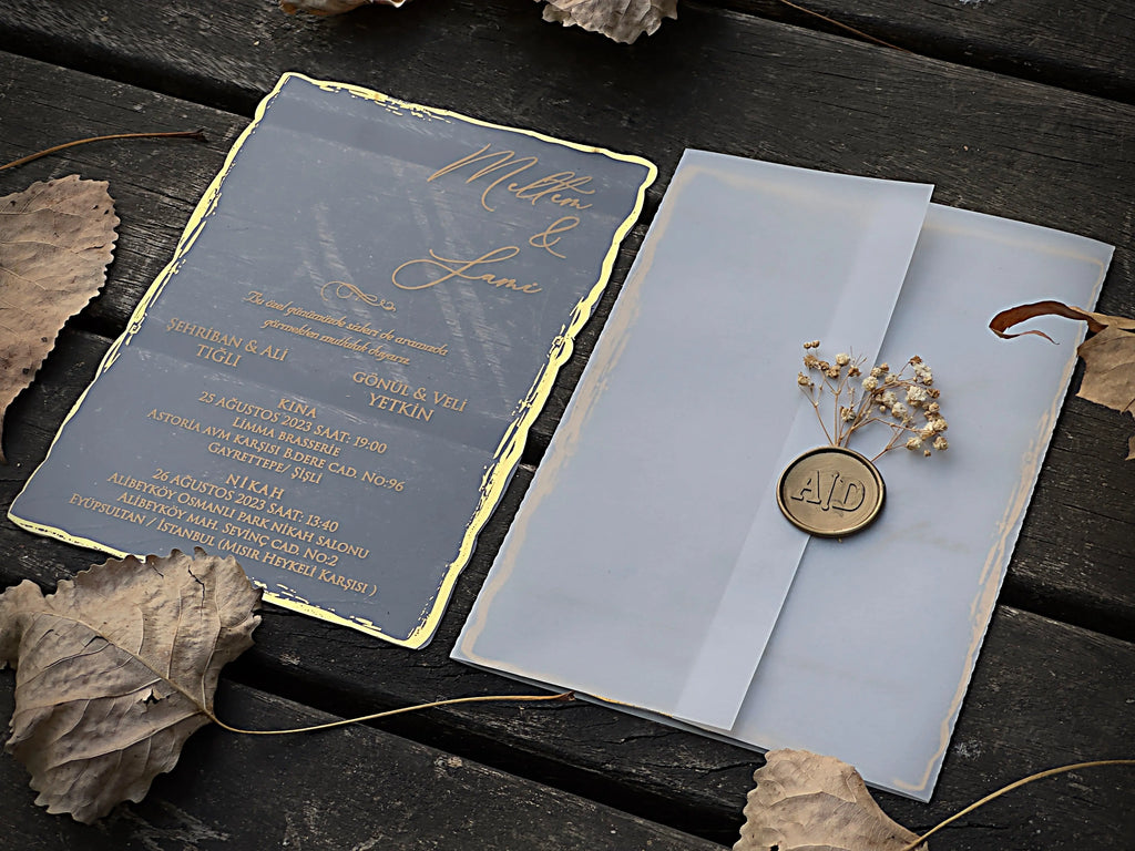 Frosted Acrylic Wedding Invitation with Gold Foil & Vellum Wrap LunaInvites